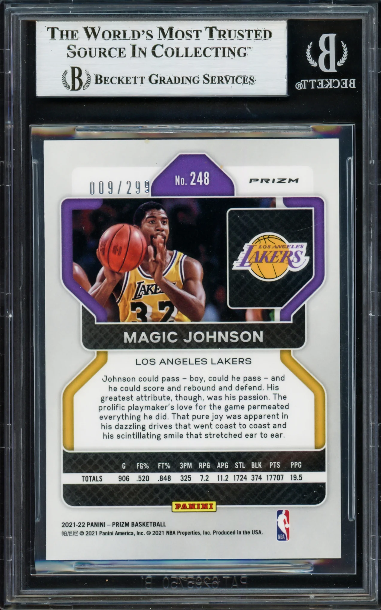 Magic Johnson Autographed 2021-22 Panini Prizm Prizms Red Card #248 Card Los Angeles Lakers #/299 Beckett BAS Stock #235066 - Image 2
