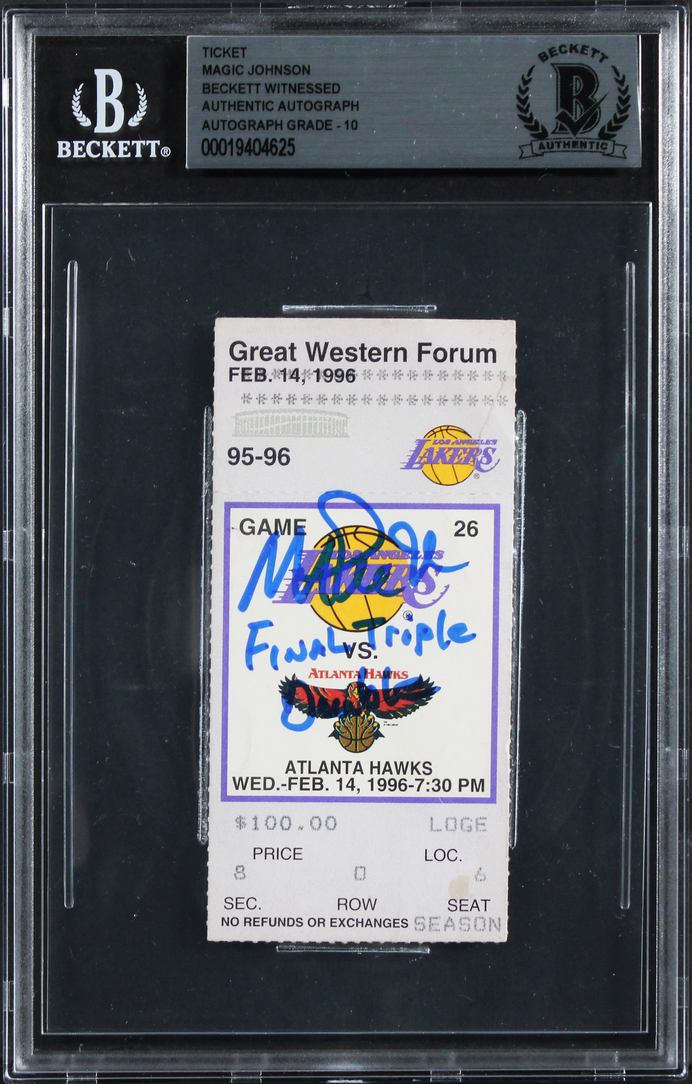 Magic Johnson "Final Triple Double" Signed Feb 1996 Ticket Stub Auto 10 BAS Slab - Image 2