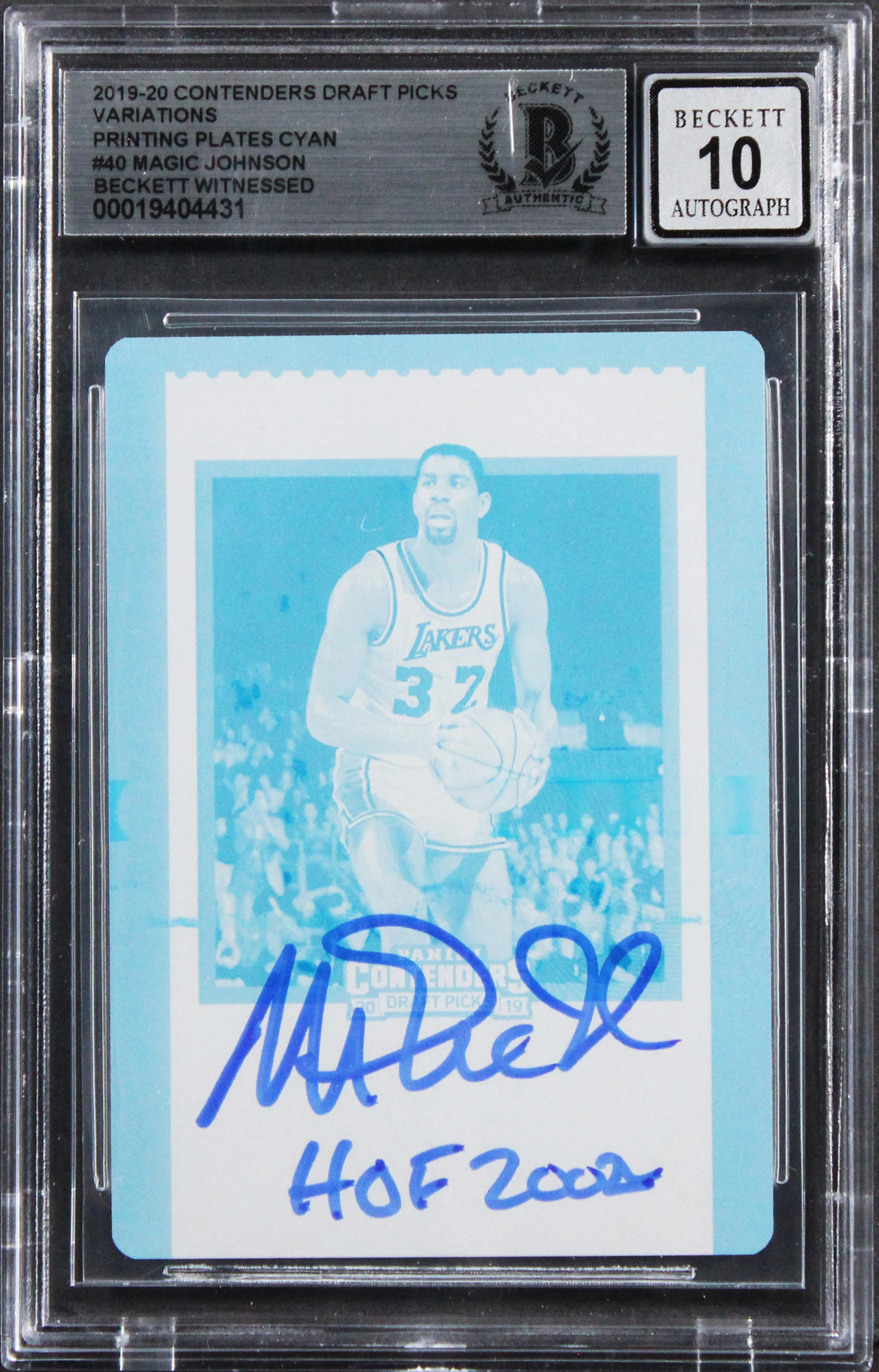 Magic Johnson HOF 2002 Signed 2019 Panini PP Cyan #40 1/1 Card Auto 10 BAS Slab