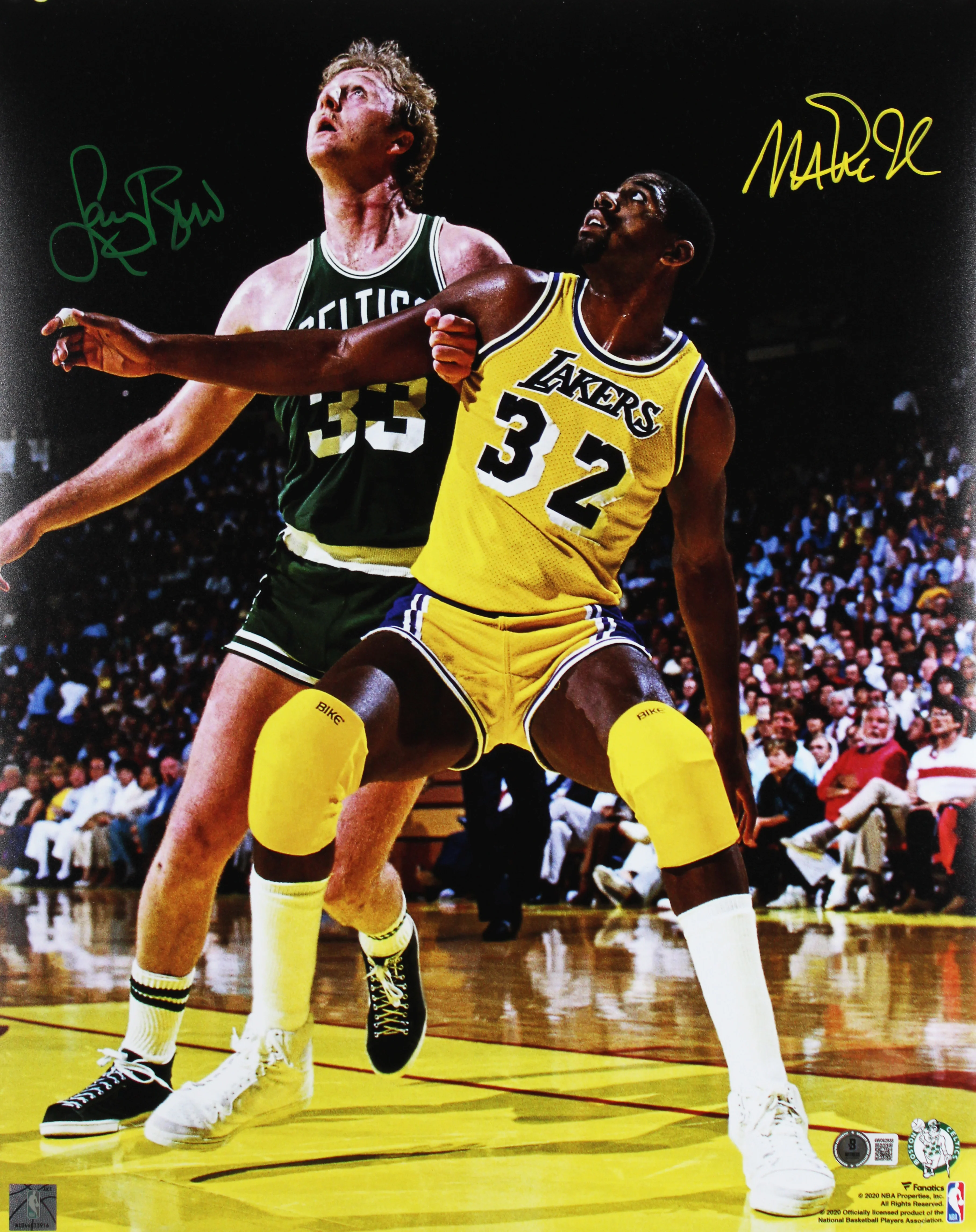 Magic Johnson & Larry Bird Signed 16x20 Vertical Boxout Photo BAS Wit #4W062938 - Image 2
