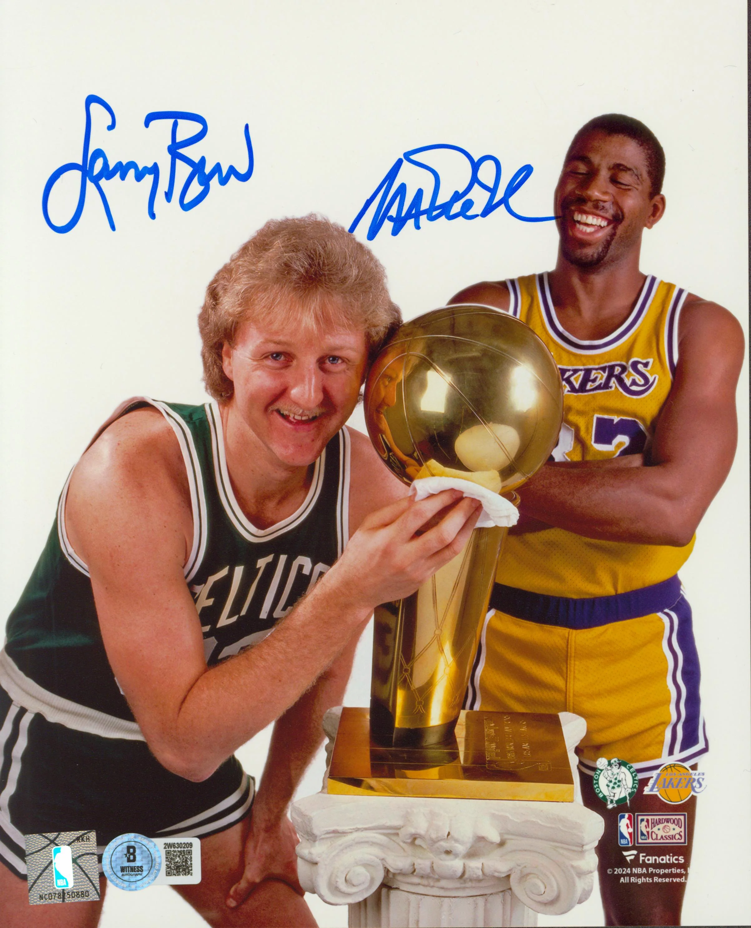 Magic Johnson & Larry Bird Signed 8x10 Vertical Trophy Photo BAS Witnessed - Image 2