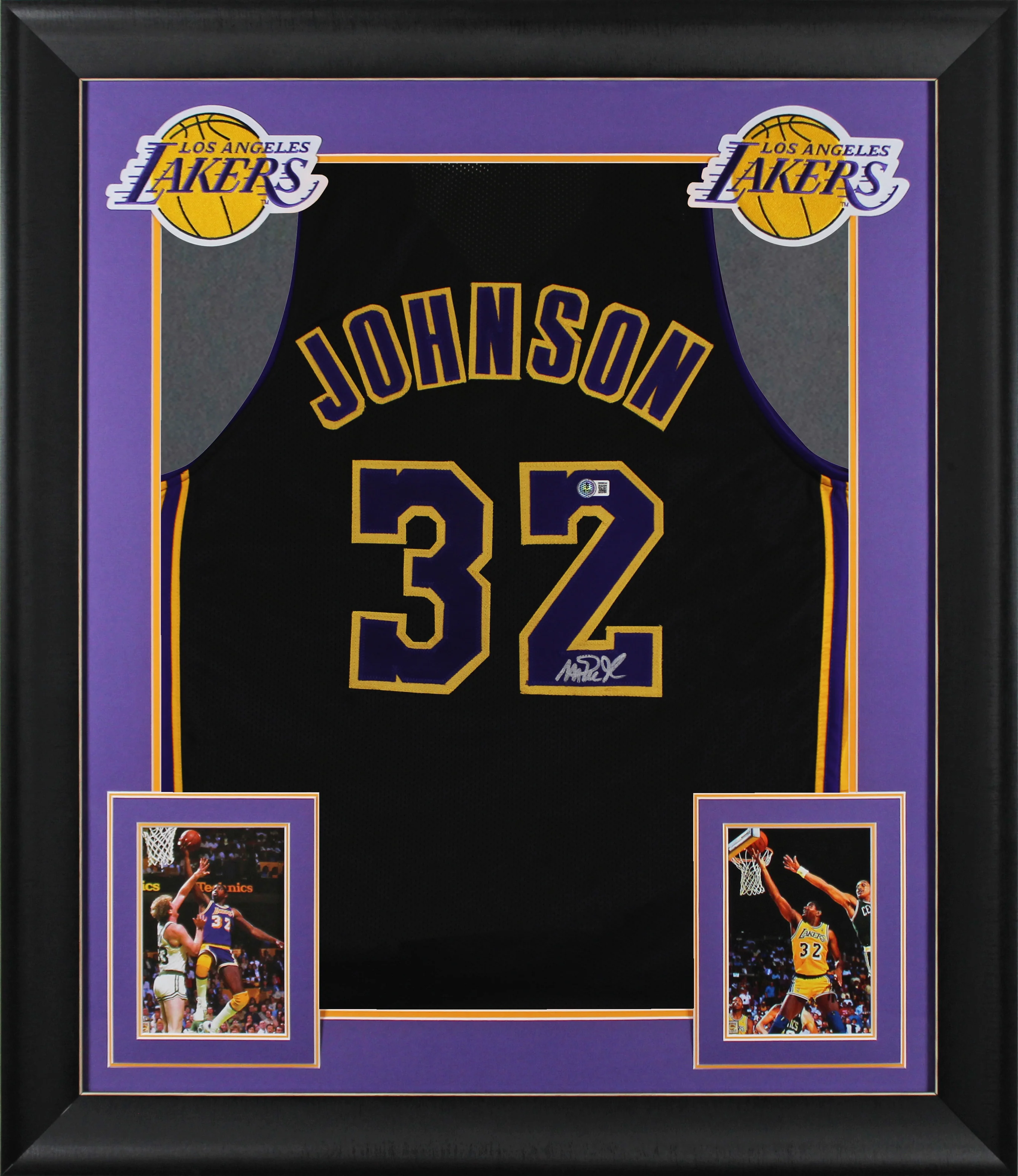 Magic Johnson Signed Black Pro Style Framed Jersey w/ Purple Numbers BAS Wit 2 - Image 2