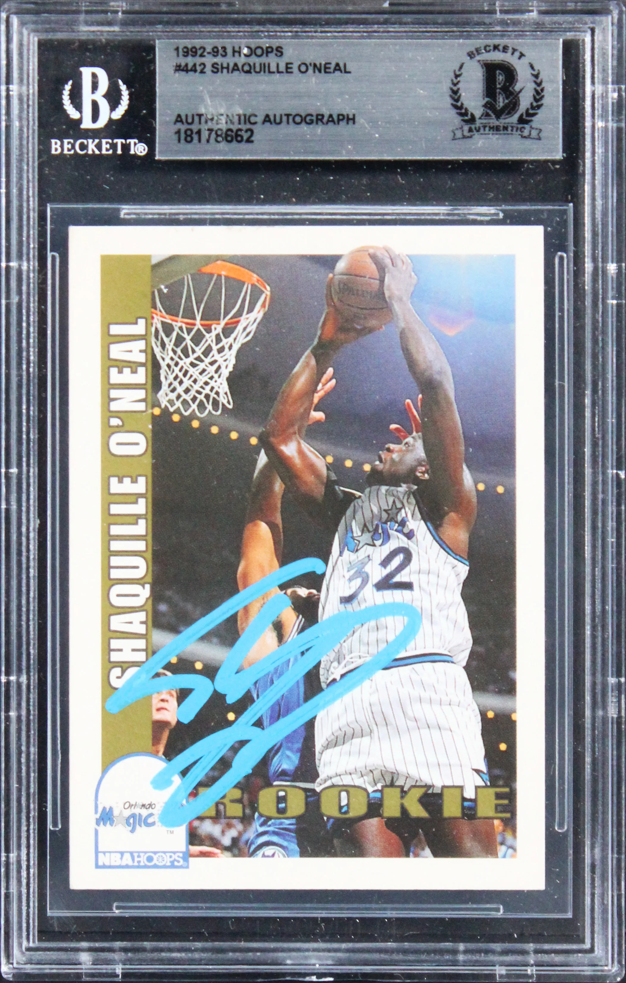 Magic Shaquille O'Neal Authentic Signed 1992 Hoops #442 Rookie Card BAS Slabbed - Image 2