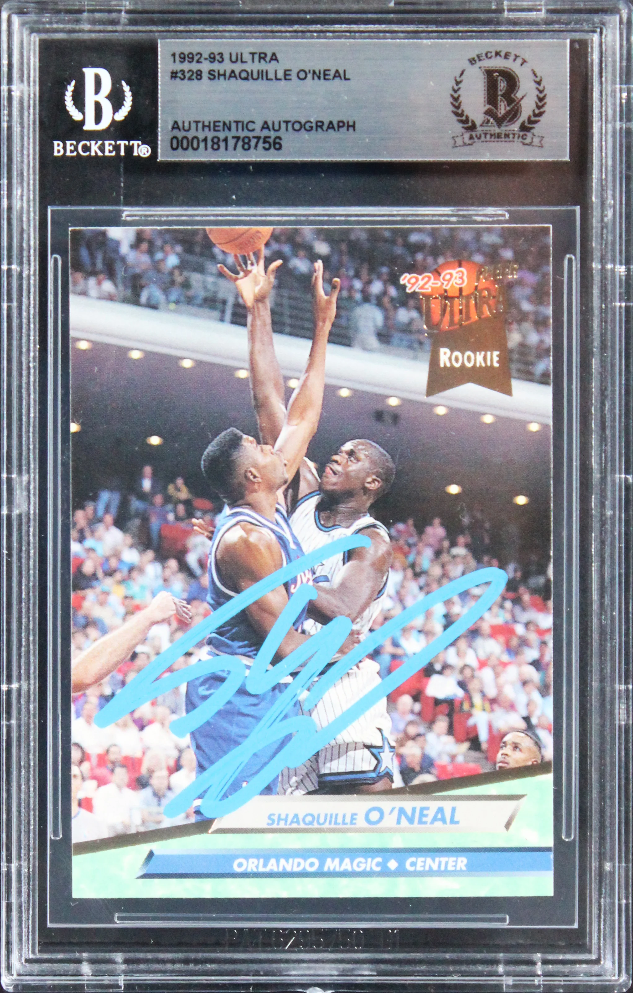 Magic Shaquille O'Neal Authentic Signed 1992 Ultra #328 Rookie Card BAS Slab 2 - Image 2