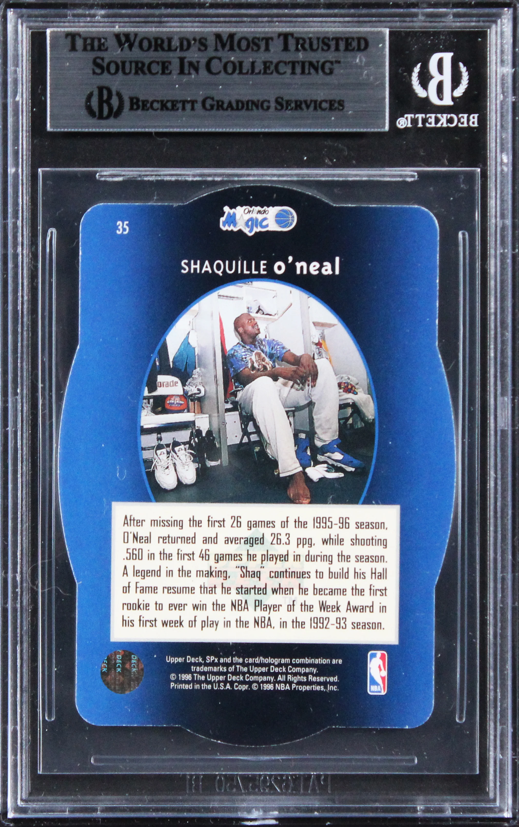 Magic Shaquille O'Neal Authentic Signed 1996 SPX #35 Card BAS Slabbed - Image 3