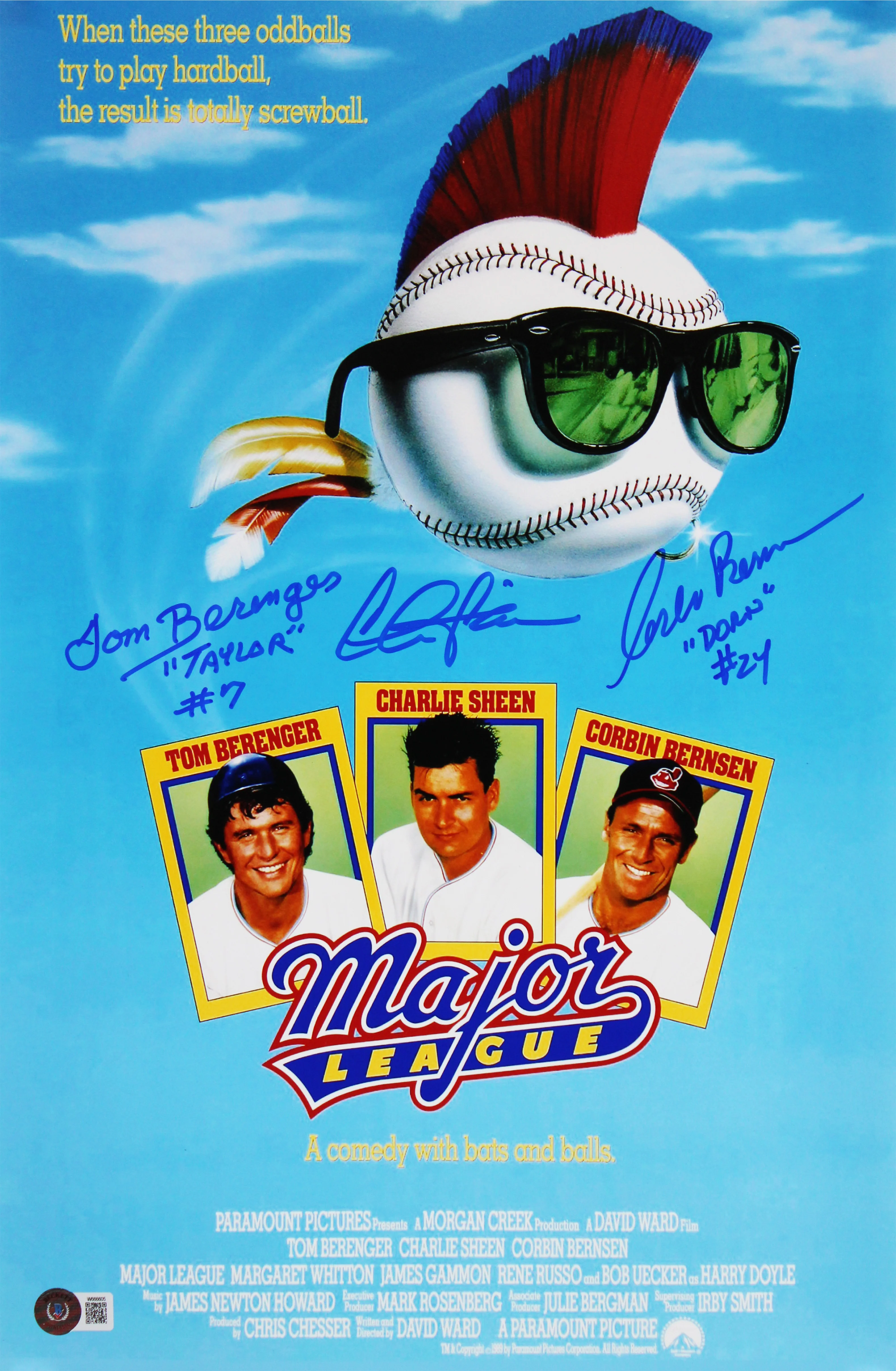 Major League (3) Sheen, Berenger & Bernsen Signed 12x18 Movie Poster Photo BAS W - Image 2
