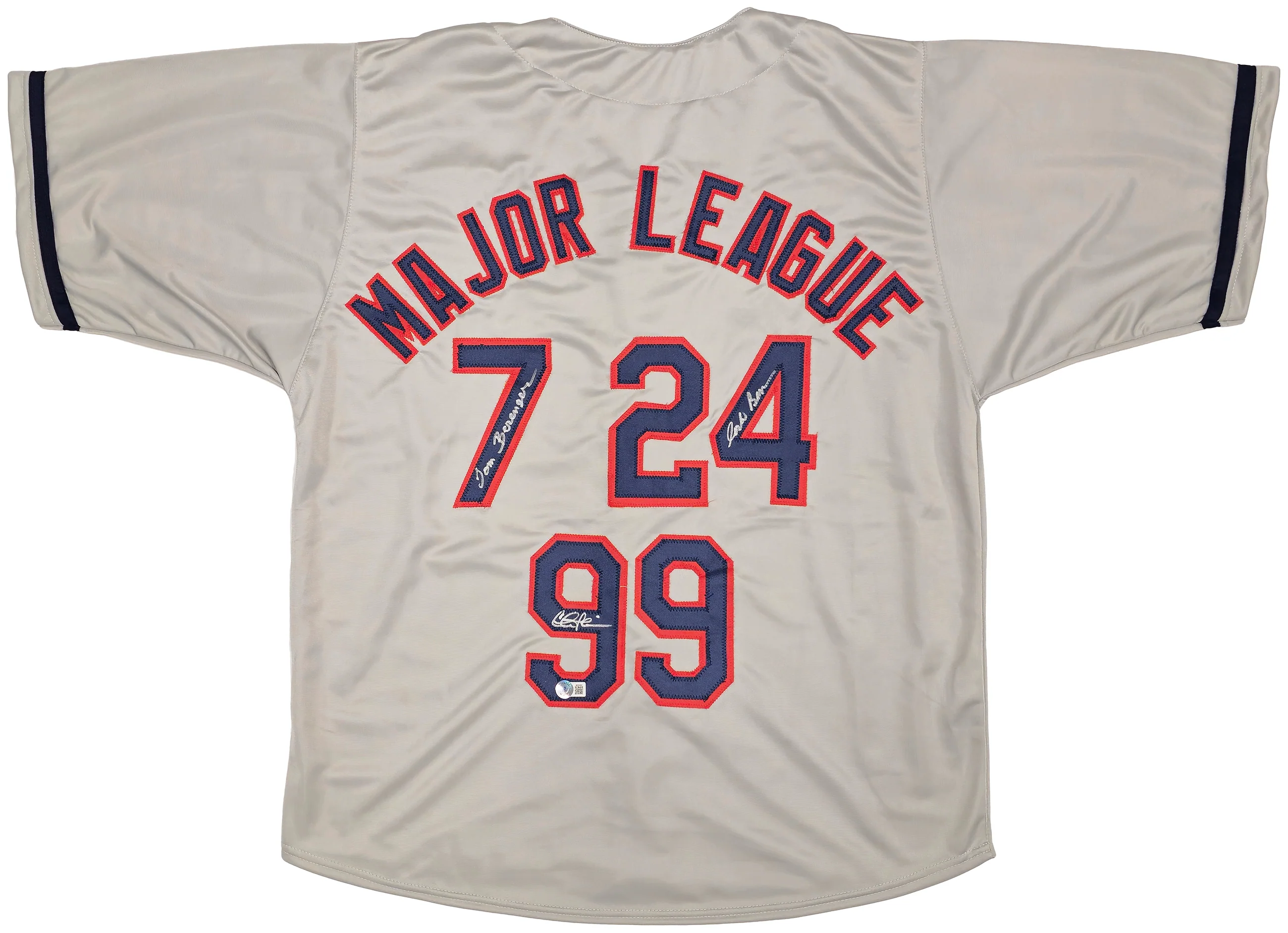 Major League Charlie Sheen, Corbin Bernsen & Tom Berenger Autographed Gray Jersey Beckett BAS Witness Stock #221308