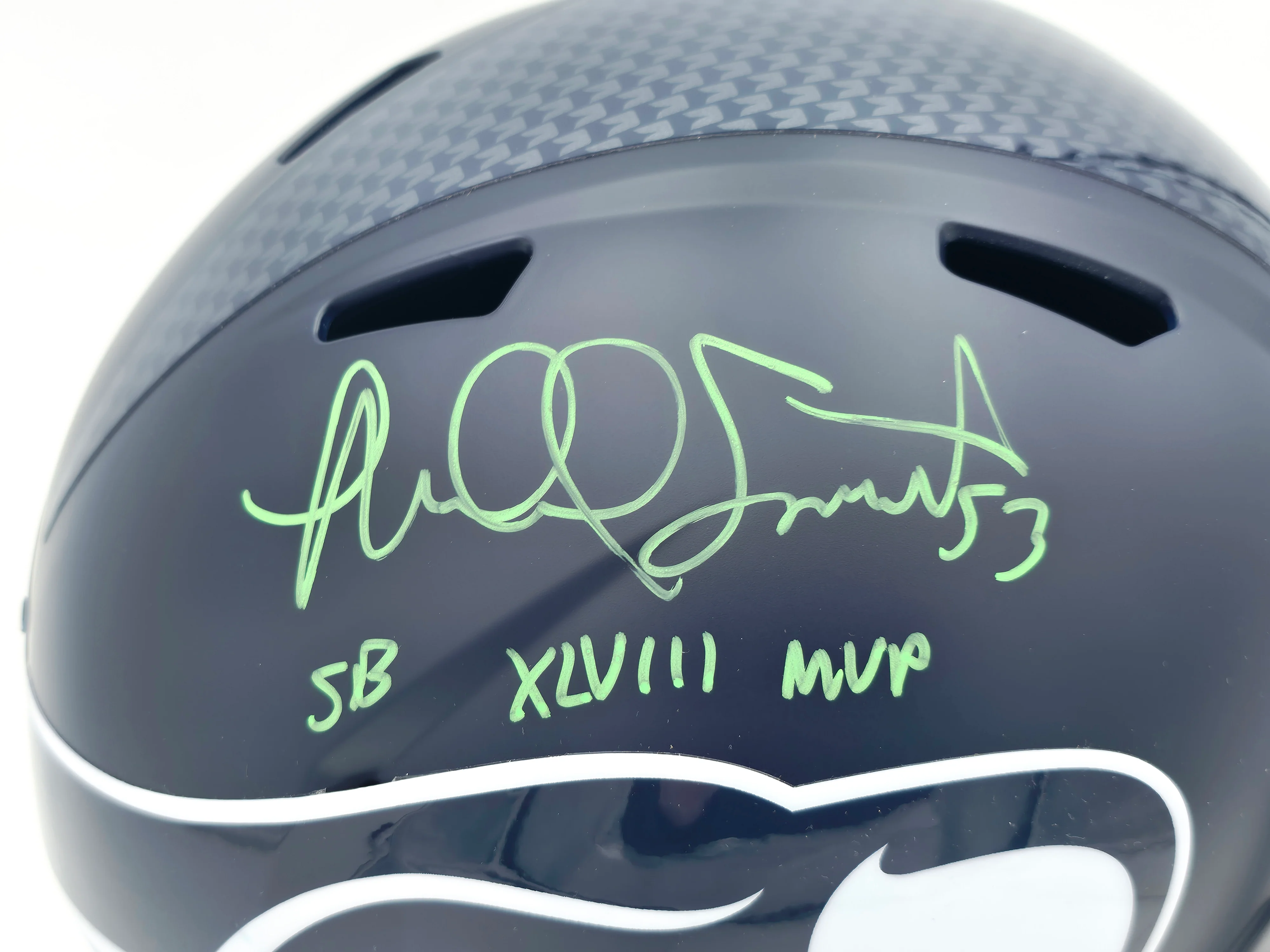 Malcolm Smith Autographed Seattle Seahawks Blue Full Size Speed Replica Helmet "SB LXVIII MVP" Beckett BAS Witness Stock #262124 - Image 2