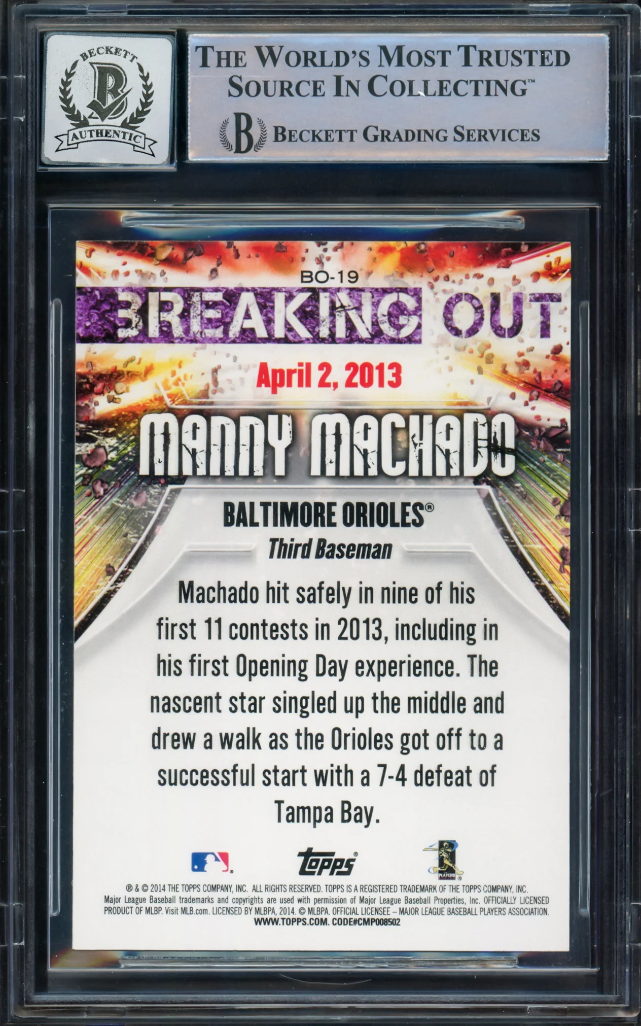 Manny Machado Autographed 2014 Topps Breaking Out Card #BO19 Baltimore Orioles Auto Grade Gem Mint 10 Beckett BAS #16542338 - Image 2
