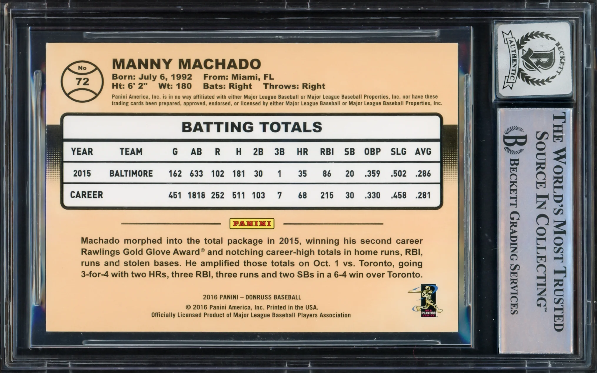 Manny Machado Autographed 2016 Donruss Card #72 Baltimore Orioles Auto Grade Gem Mint 10 Beckett BAS #16542360 - Image 2