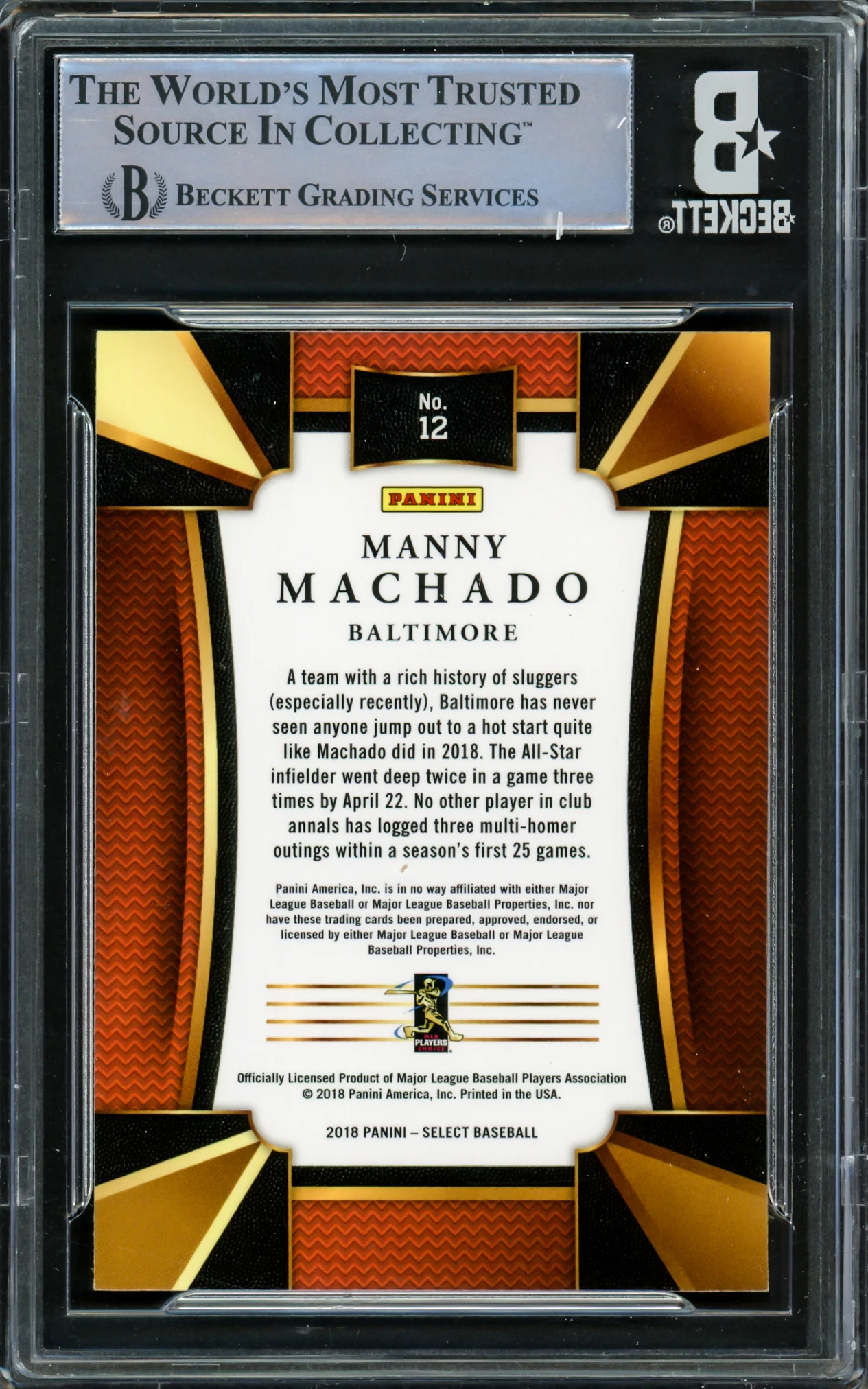 Manny Machado Autographed 2016 Panini Select Card #12 Baltimore Orioles Beckett BAS #16545581 - Image 2