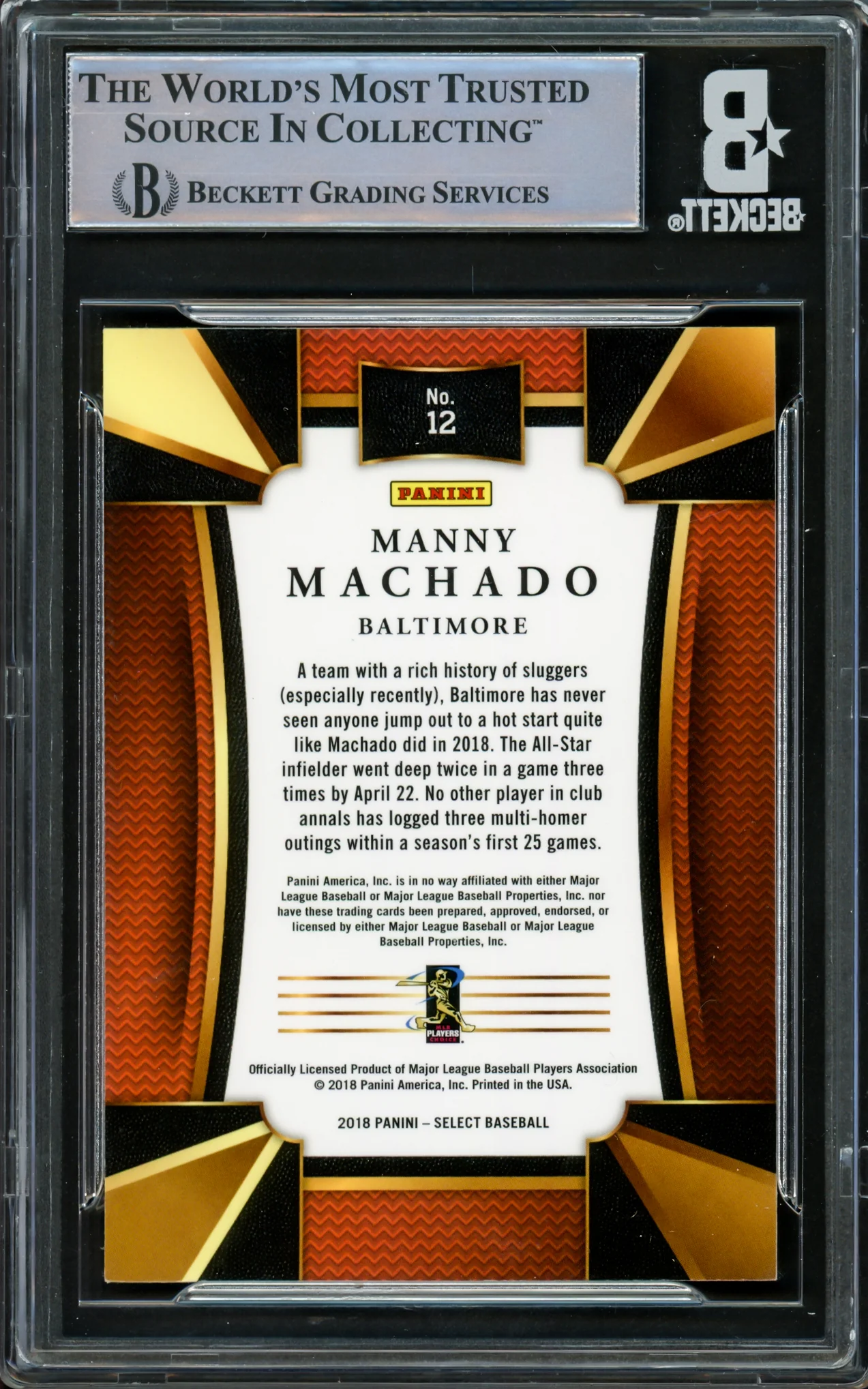 Manny Machado Autographed 2016 Panini Select Card #12 Baltimore Orioles Beckett BAS #16545582 - Image 2