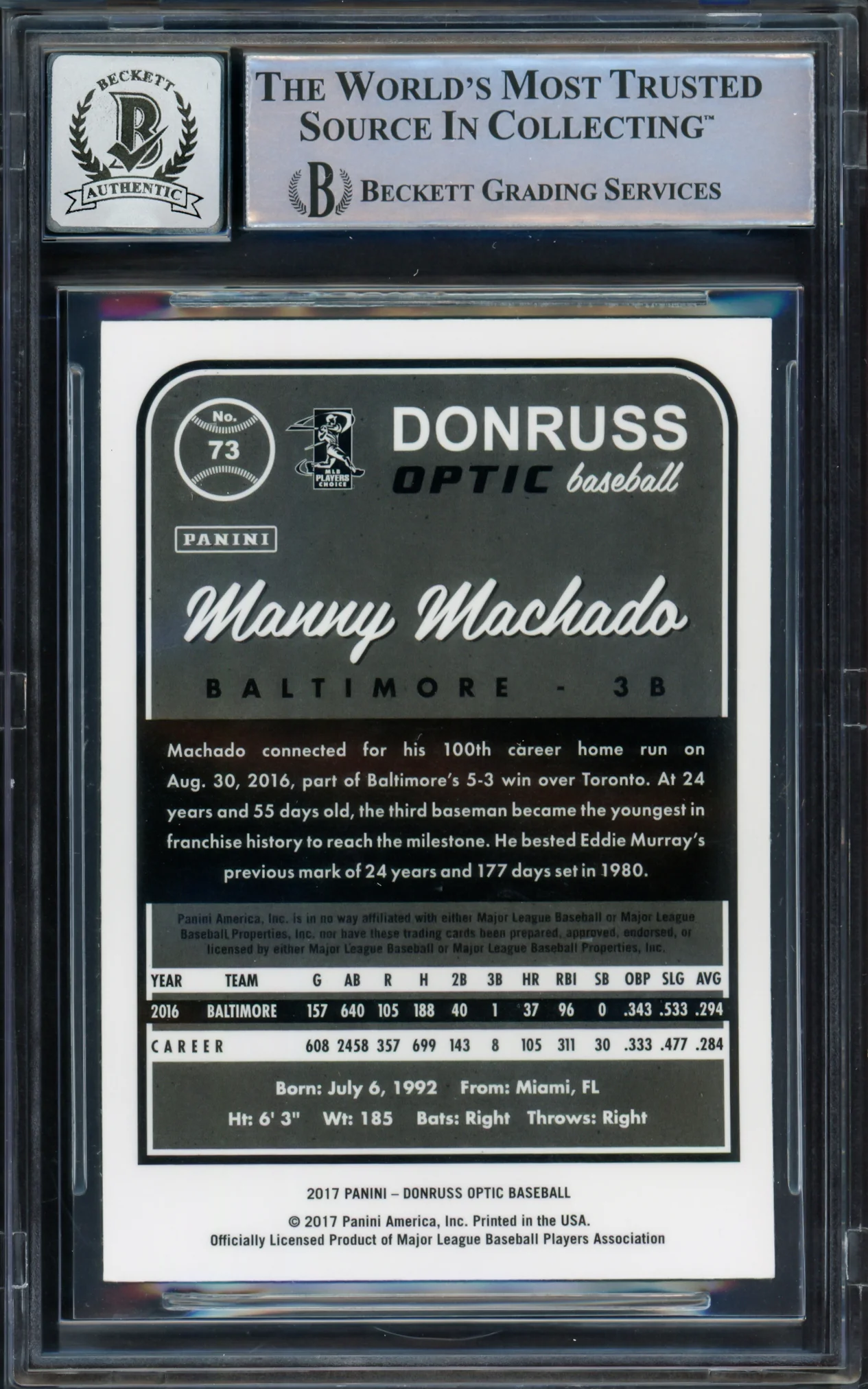 Manny Machado Autographed 2017 Donruss Optic Card #73 Baltimore Orioles Auto Grade Gem Mint 10 Beckett BAS #16542447 - Image 2