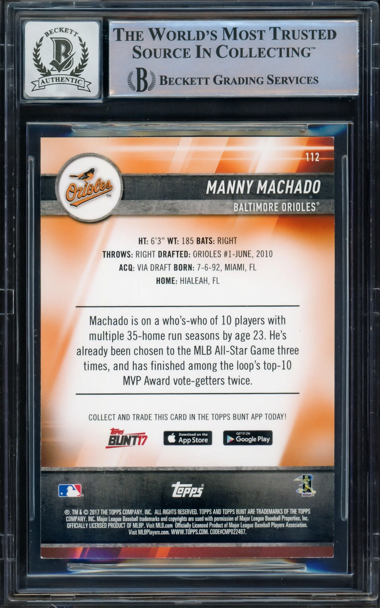 Manny Machado Autographed 2017 Topps Bunt Card #112 Baltimore Orioles Auto Grade Gem Mint 10 Beckett BAS #16542497 - Image 2