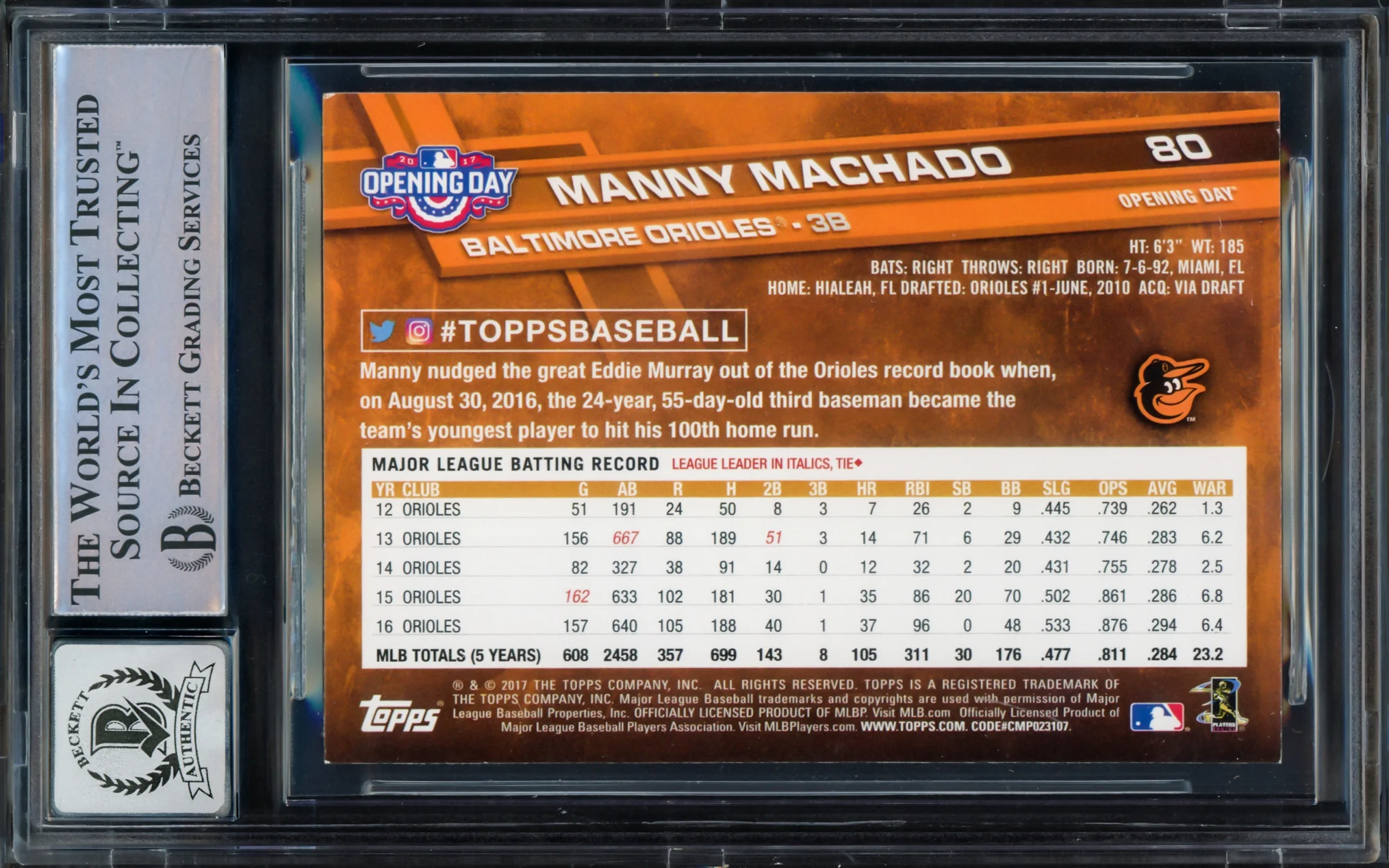 Manny Machado Autographed 2017 Topps Opening Day Card #80 Baltimore Orioles Auto Grade Gem Mint 10 Beckett BAS Stock #228983 - Image 2