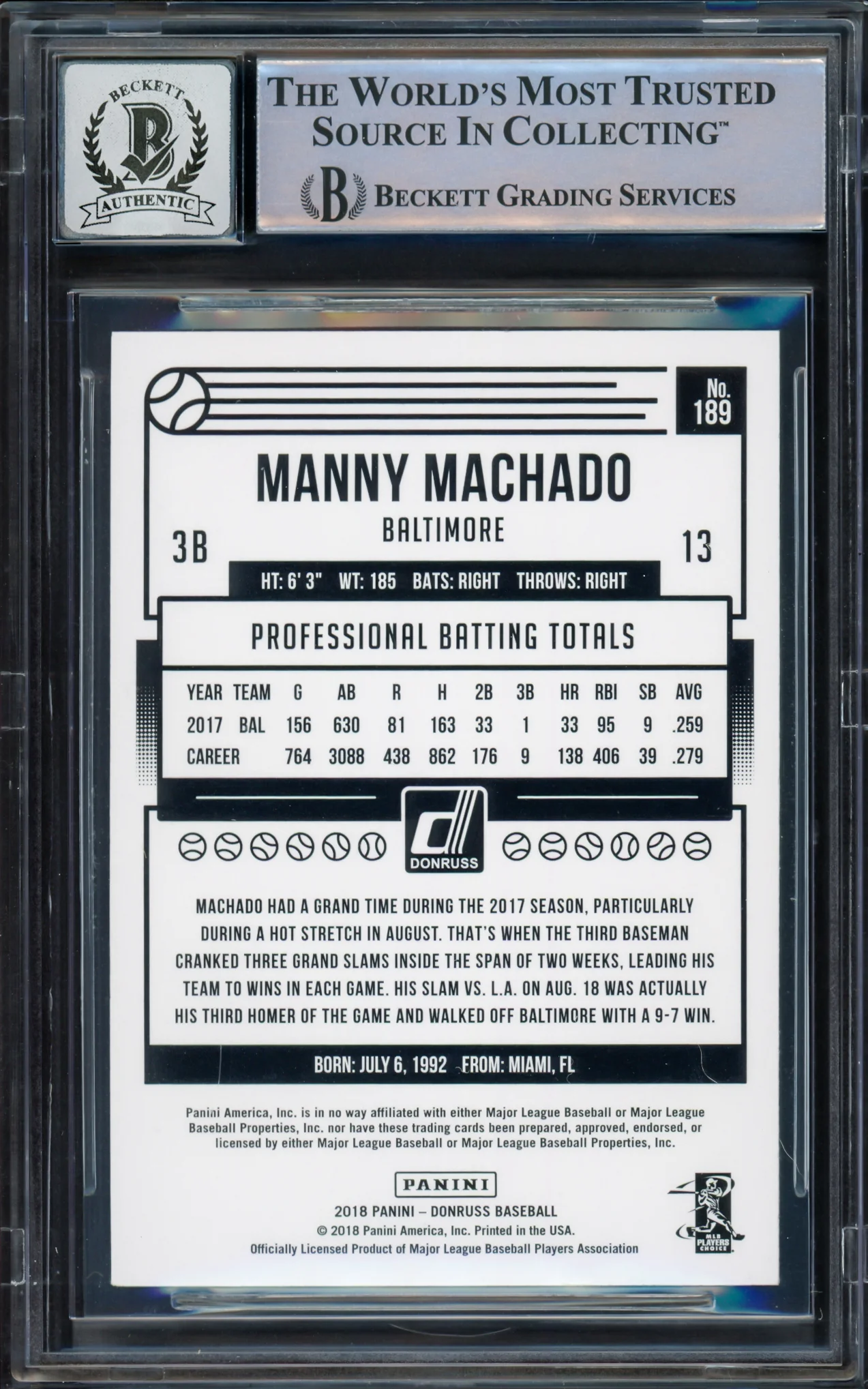 Manny Machado Autographed 2018 Donruss Card #189 Baltimore Orioles Auto Grade Gem Mint 10 Beckett BAS #16542503 - Image 2