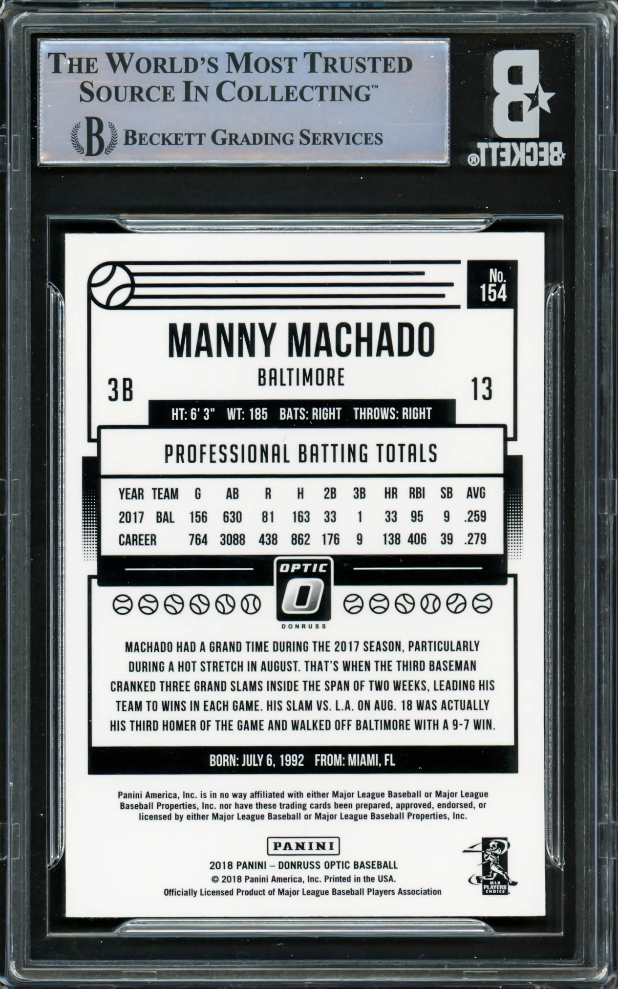 Manny Machado Autographed 2018 Donruss Optic Card #154 Baltimore Orioles Beckett BAS #16545593 - Image 2