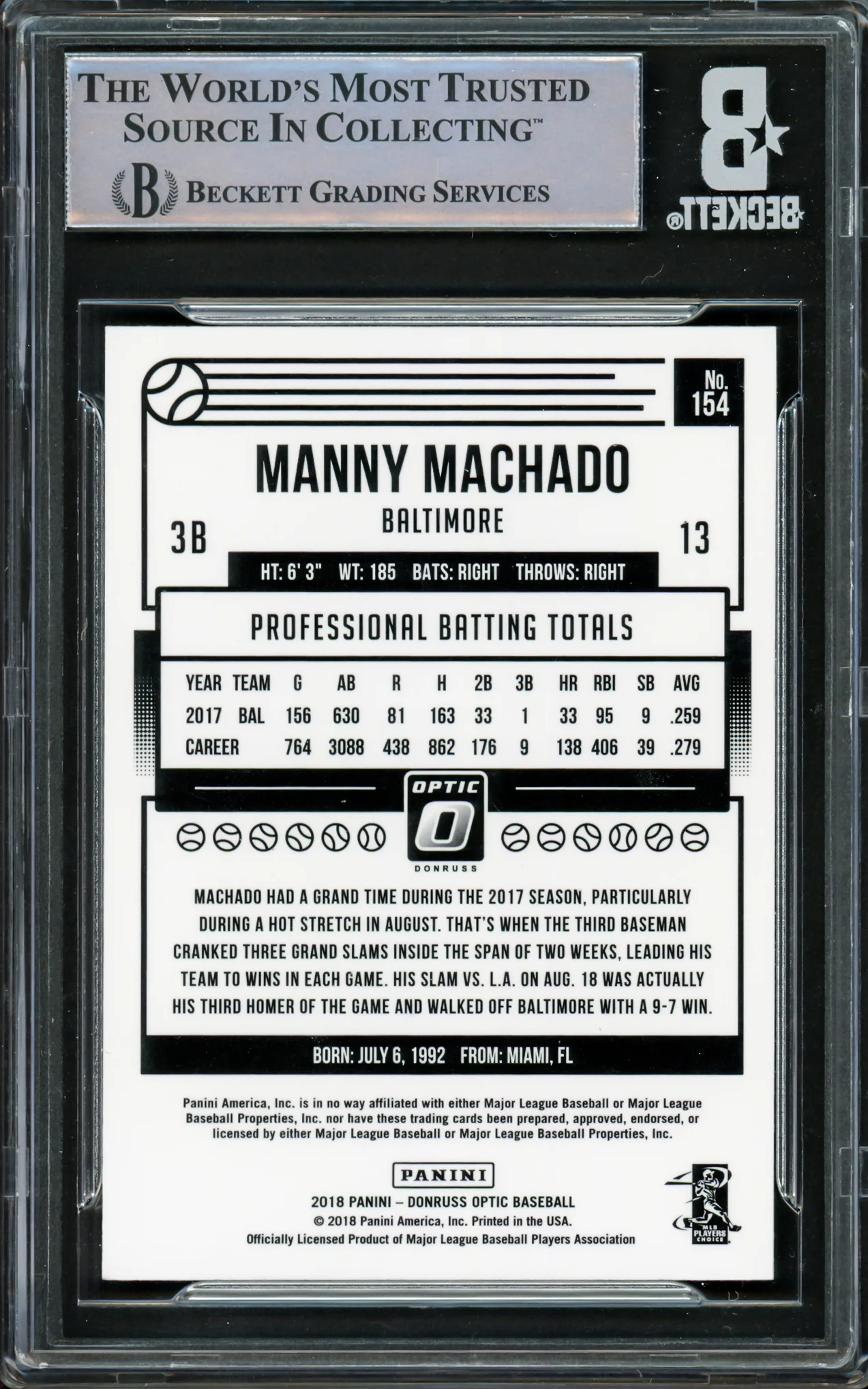 Manny Machado Autographed 2018 Donruss Optic Card #154 Baltimore Orioles Beckett BAS #16545595 - Image 2