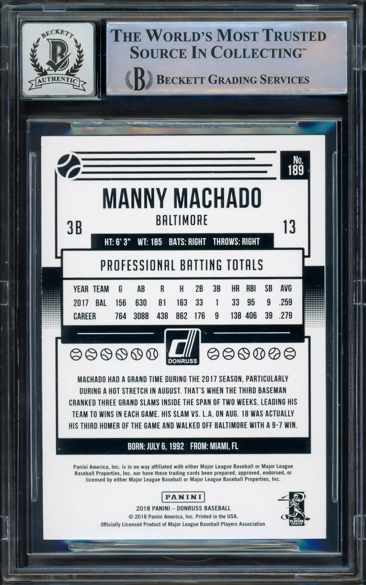 Manny Machado Autographed 2018 Donruss Variation Card #189 Baltimore Orioles Auto Grade Gem Mint 10 Beckett BAS #16542506 - Image 2