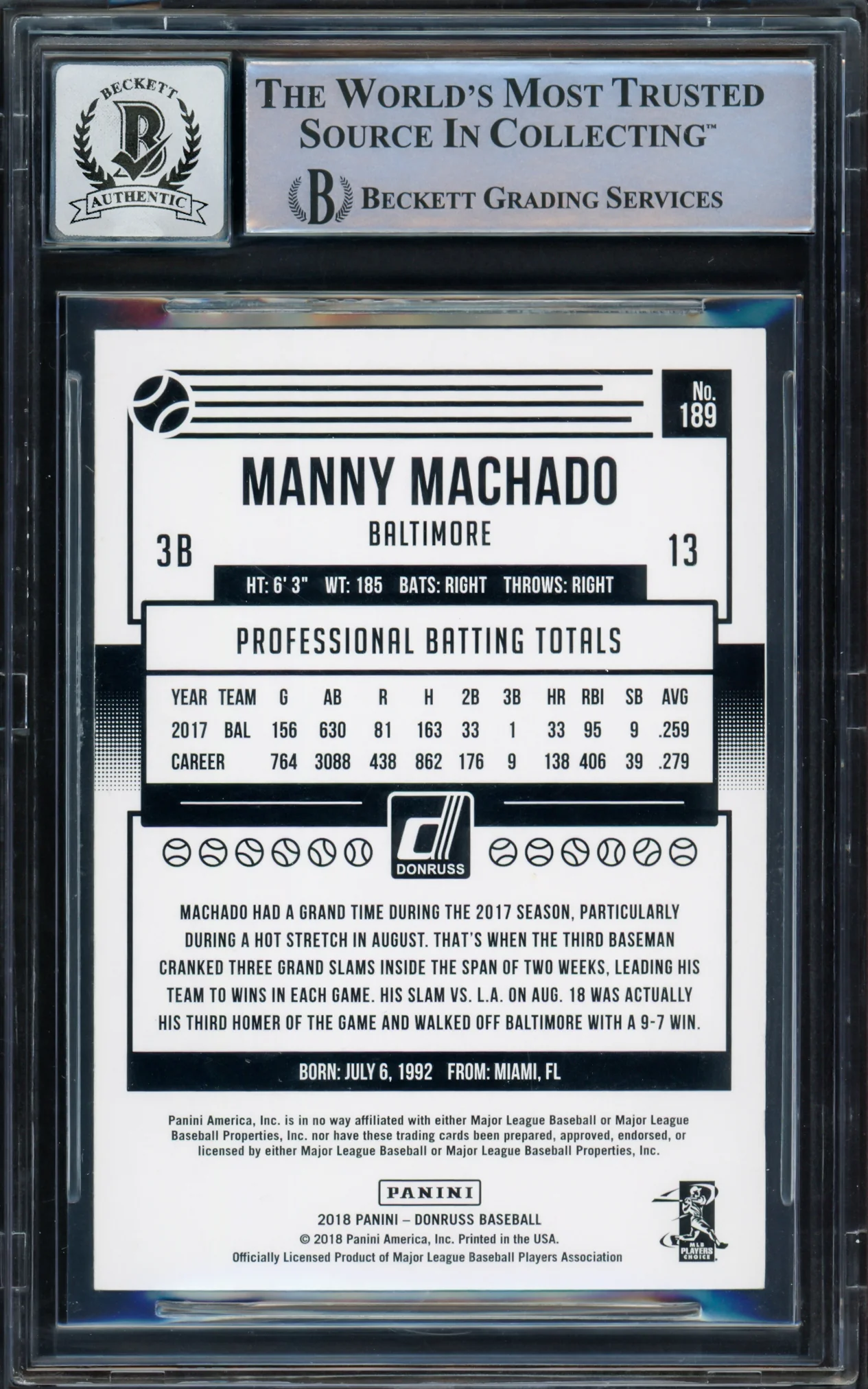 Manny Machado Autographed 2018 Donruss Variation Card #189 Baltimore Orioles Auto Grade Gem Mint 10 Beckett BAS #16542507 - Image 2