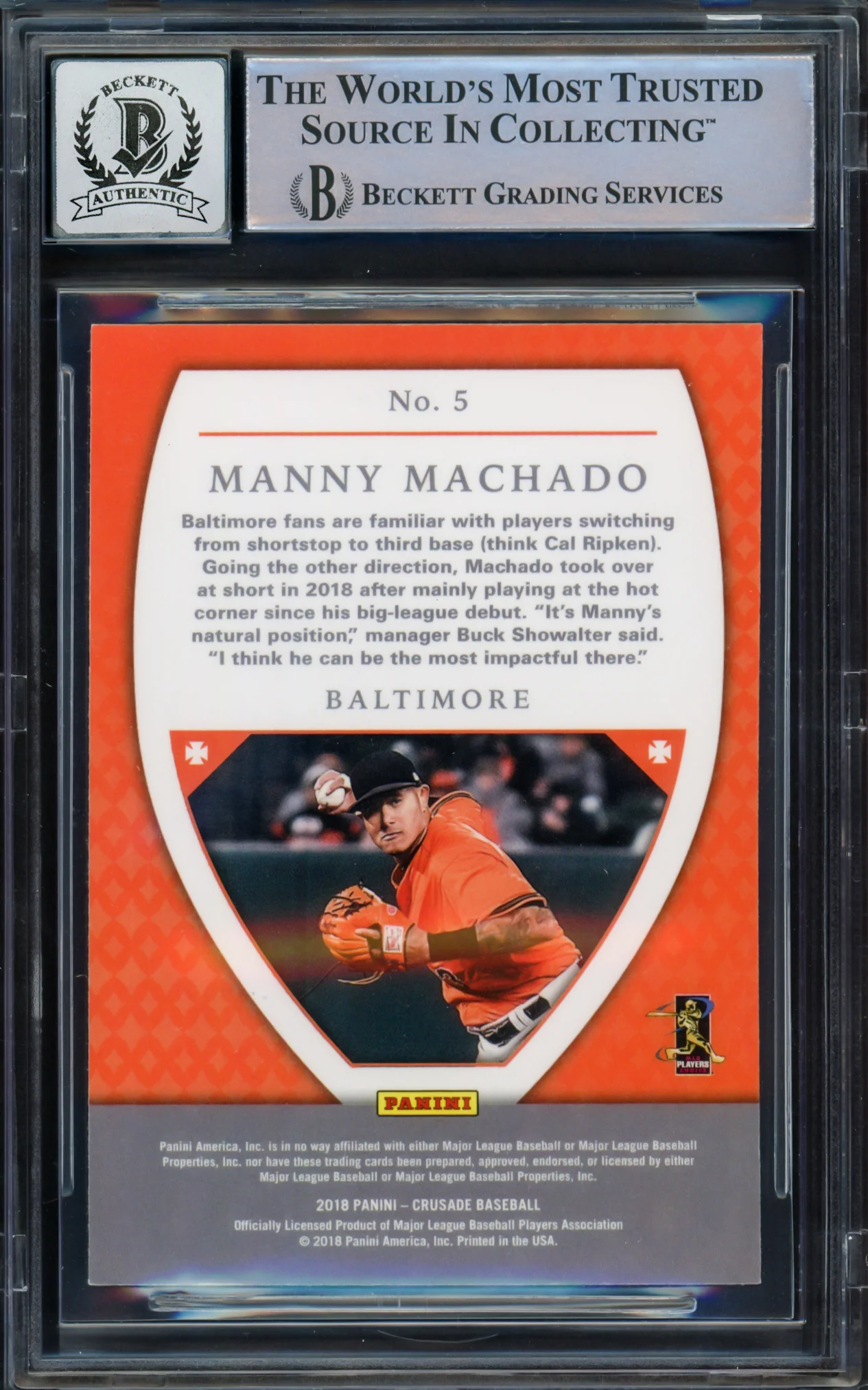Manny Machado Autographed 2018 Panini Crusade Card #5 Baltimore Orioles Auto Grade Gem Mint 10 Beckett BAS #16542502 - Image 2