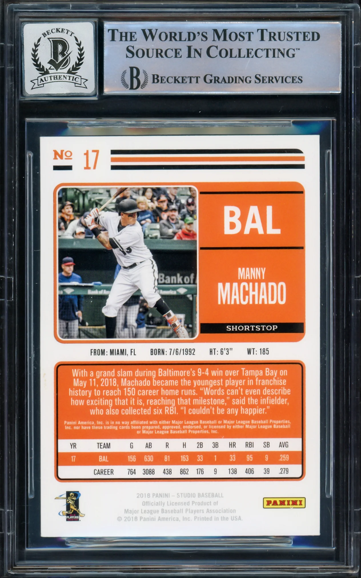 Manny Machado Autographed 2018 Panini Studio Card #17 Baltimore Orioles Auto Grade Gem Mint 10 Beckett BAS #16542590 - Image 2
