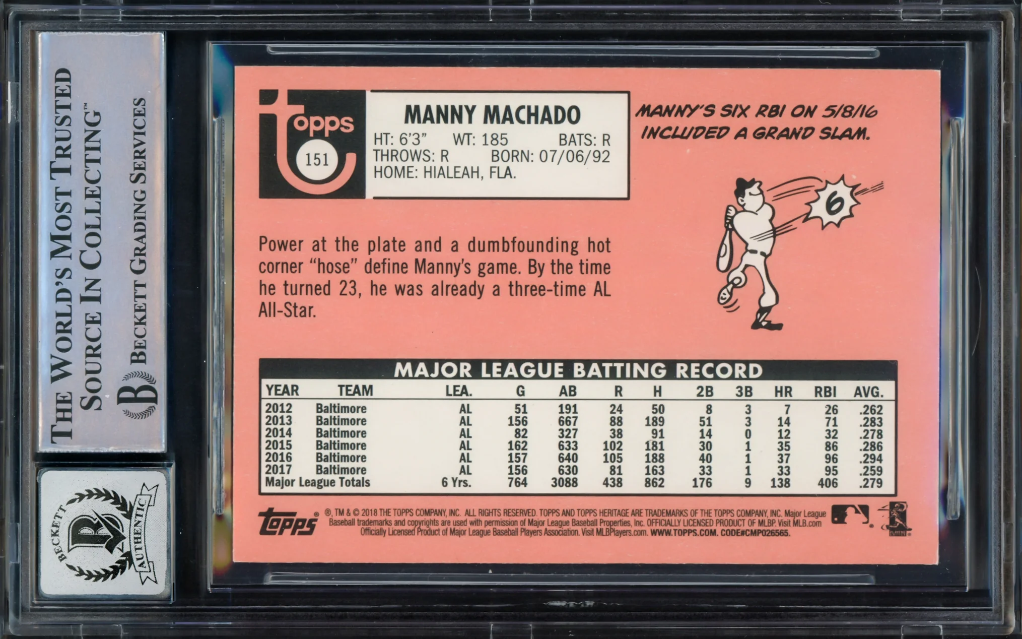 Manny Machado Autographed 2018 Topps Heritage Card #151 Baltimore Orioles Auto Grade Gem Mint 10 Beckett BAS Stock #228987 - Image 2