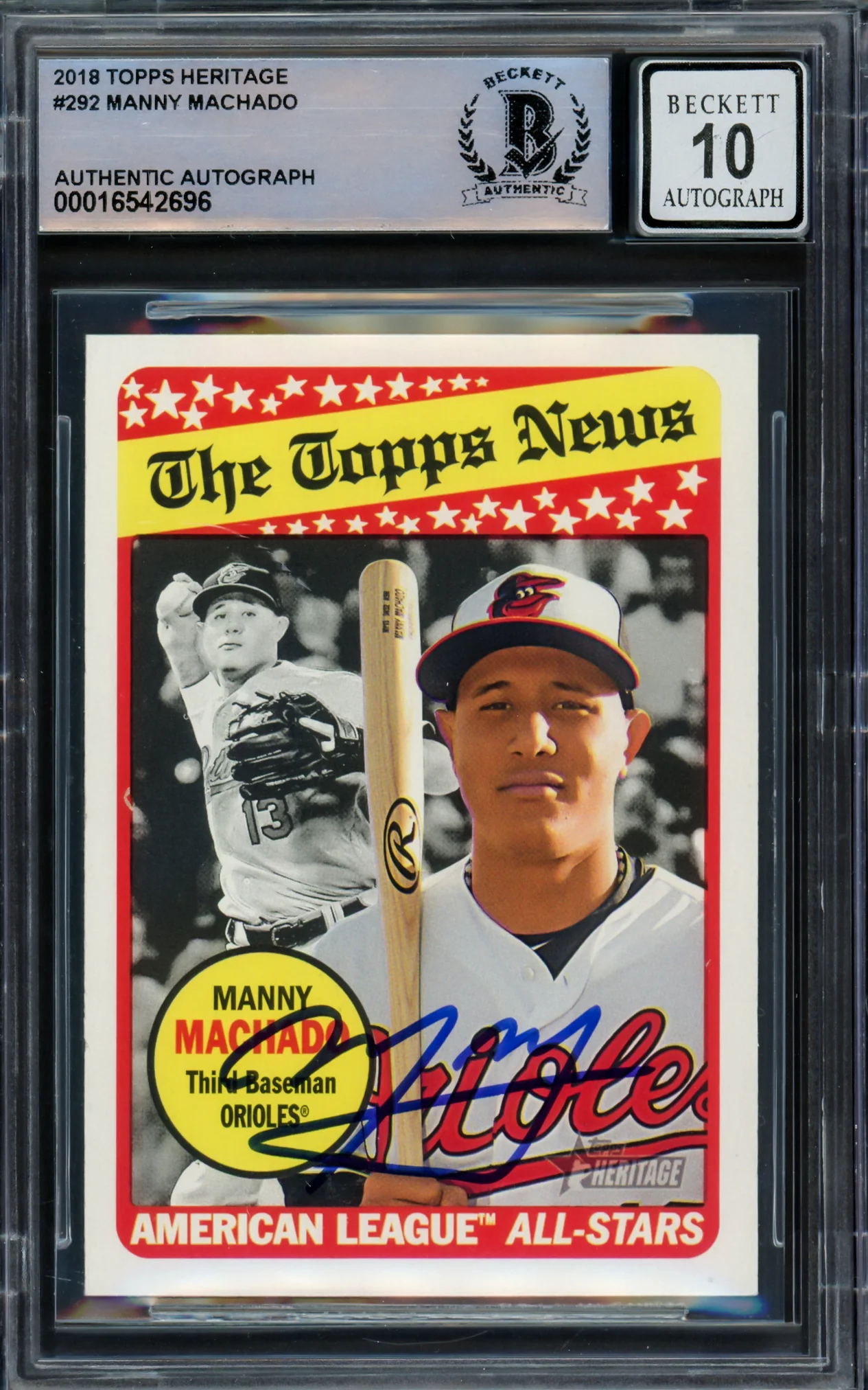 Manny Machado Autographed 2018 Topps Heritage Card #292 Baltimore Orioles Auto Grade Gem Mint 10 Beckett BAS #16542696