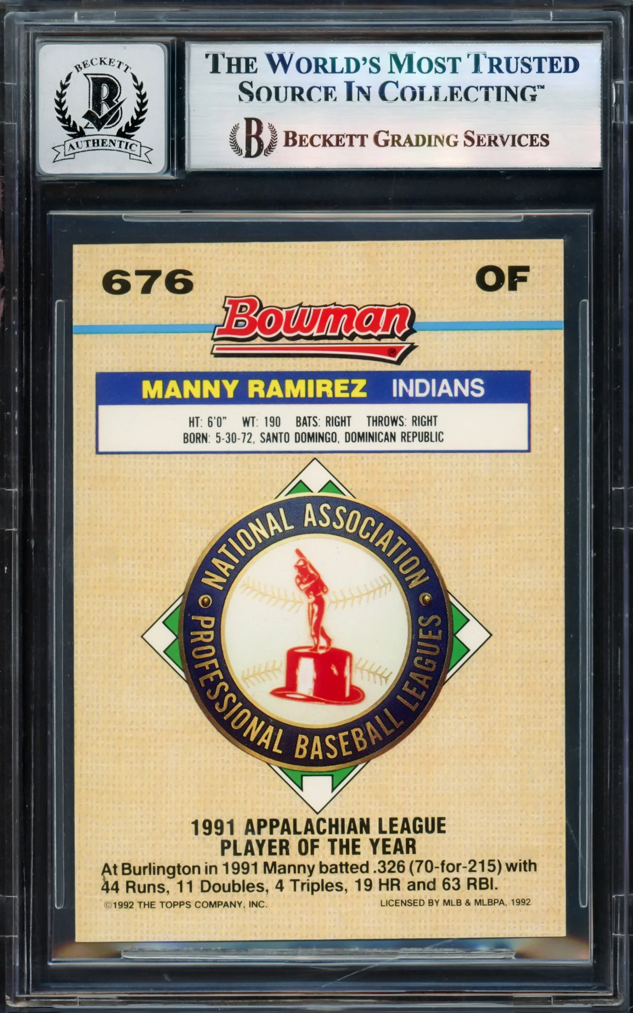 Manny Ramirez Autographed 1992 Bowman Gold Foil Rookie Card #676 Cleveland Indians Auto Grade Gem Mint 10 Beckett BAS Stock #239942 - Image 2