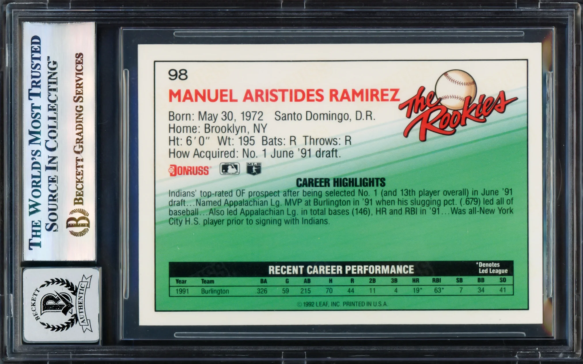 Manny Ramirez Autographed 1992 Donruss The Rookies Rookie Card #98 Cleveland Indians Auto Grade Gem Mint 10 Beckett BAS Stock #239943 - Image 2