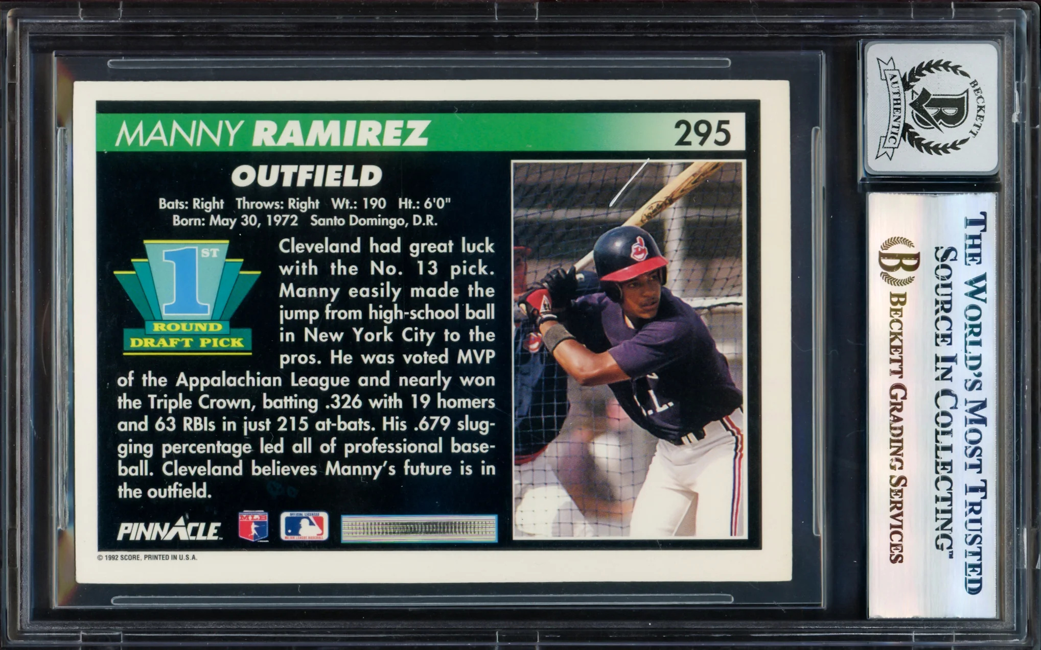 Manny Ramirez Autographed 1992 Pinnacle Rookie Card #295 Cleveland Indians Auto Grade Gem Mint 10 Beckett BAS Stock #239944 - Image 2