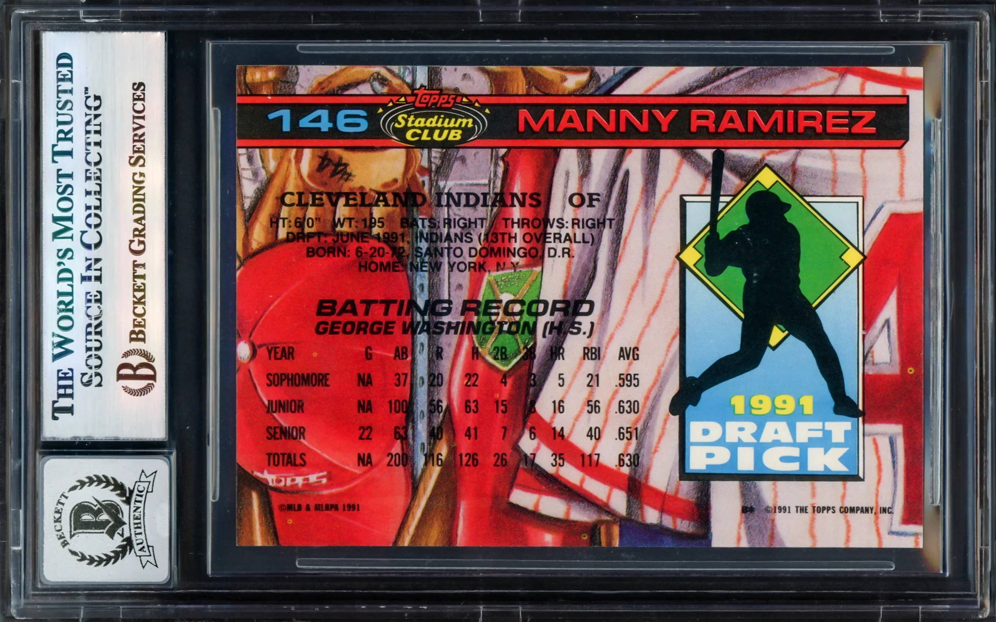 Manny Ramirez Autographed 1992 Stadium Club SE Skydome Rookie Card #146 Cleveland Indians Auto Grade Gem Mint 10 Beckett BAS Stock #239946 - Image 2