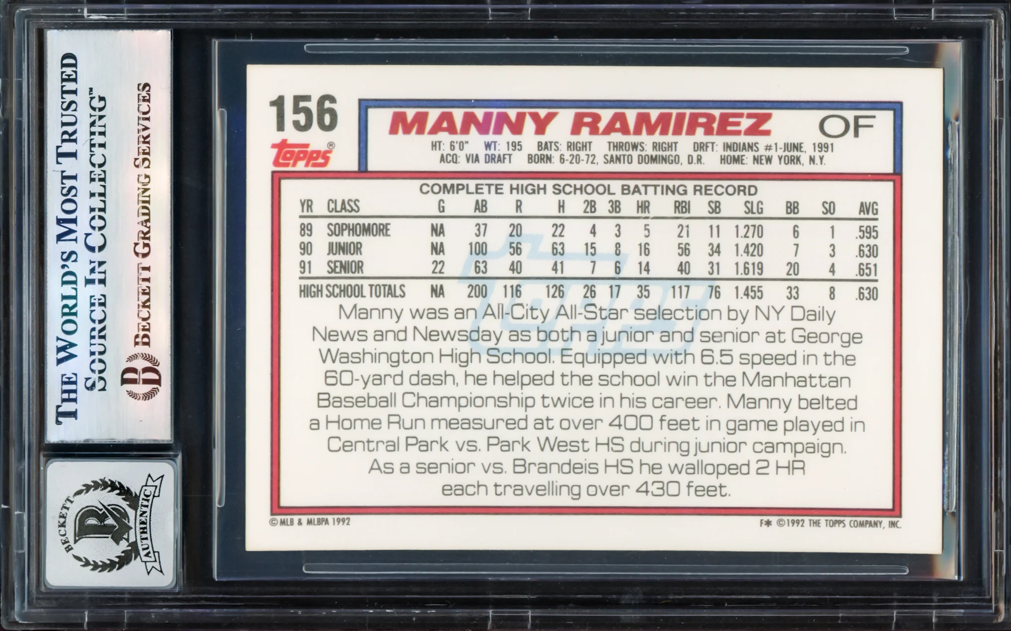 Manny Ramirez Autographed 1992 Topps Rookie Card #156 Cleveland Indians Auto Grade Gem Mint 10 Beckett BAS Stock #239948 - Image 2