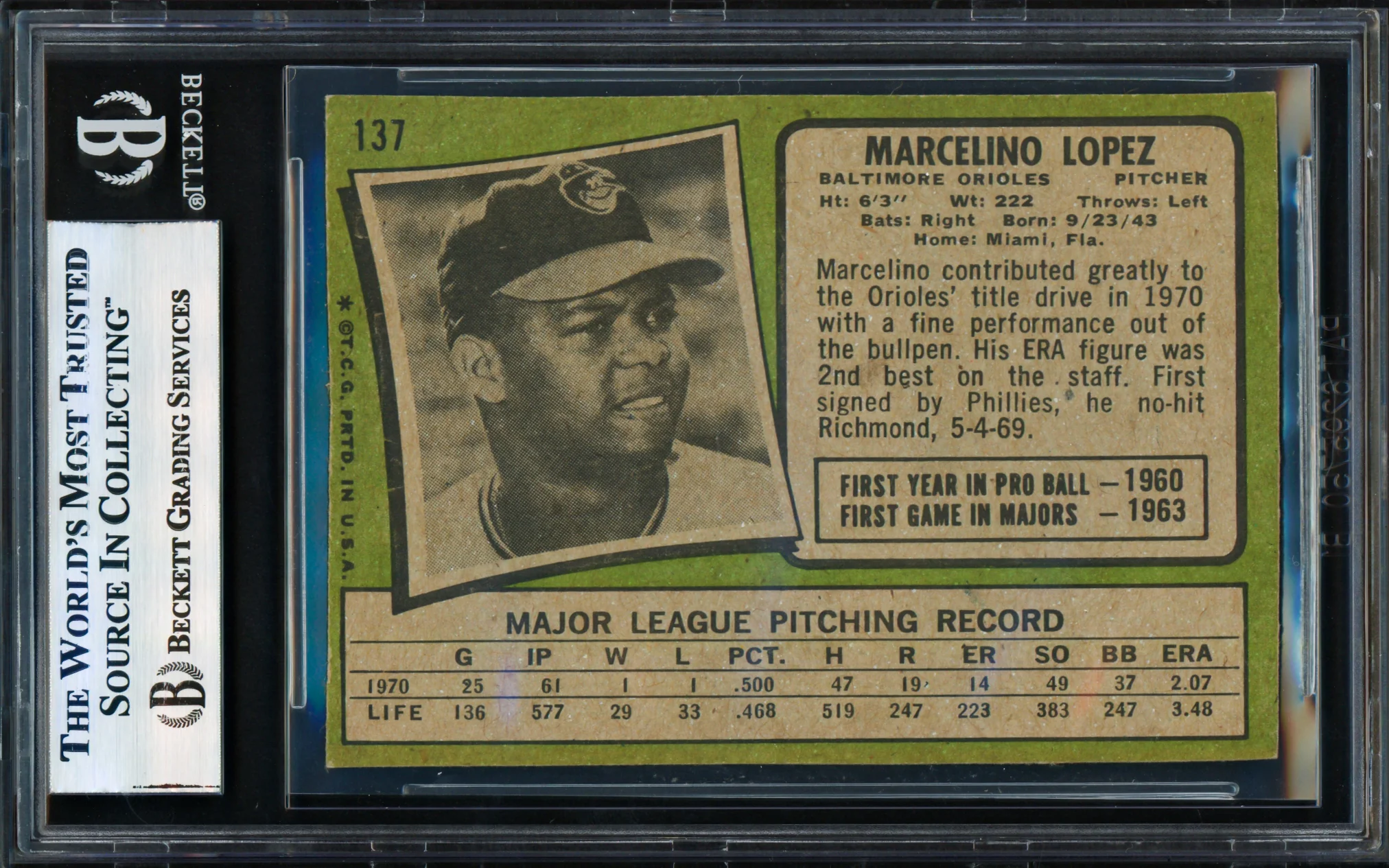 Marcelino Lopez Autographed 1971 Topps Card #137 Baltimore Orioles Beckett BAS #17856287 - Image 2