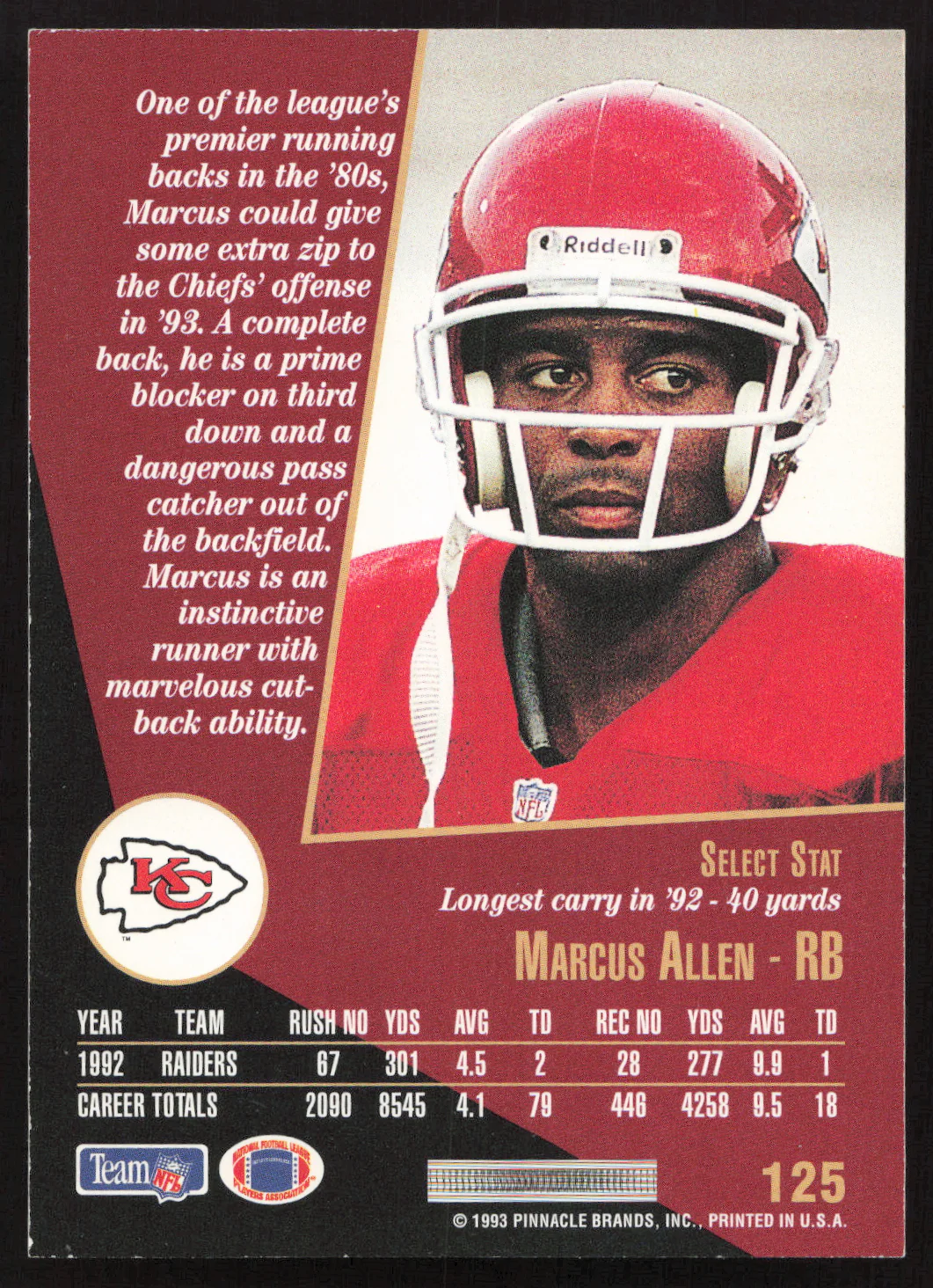 Marcus Allen Autographed 1993 Score Select Card #125 Kansas City Chiefs SKU #260875 - Image 2
