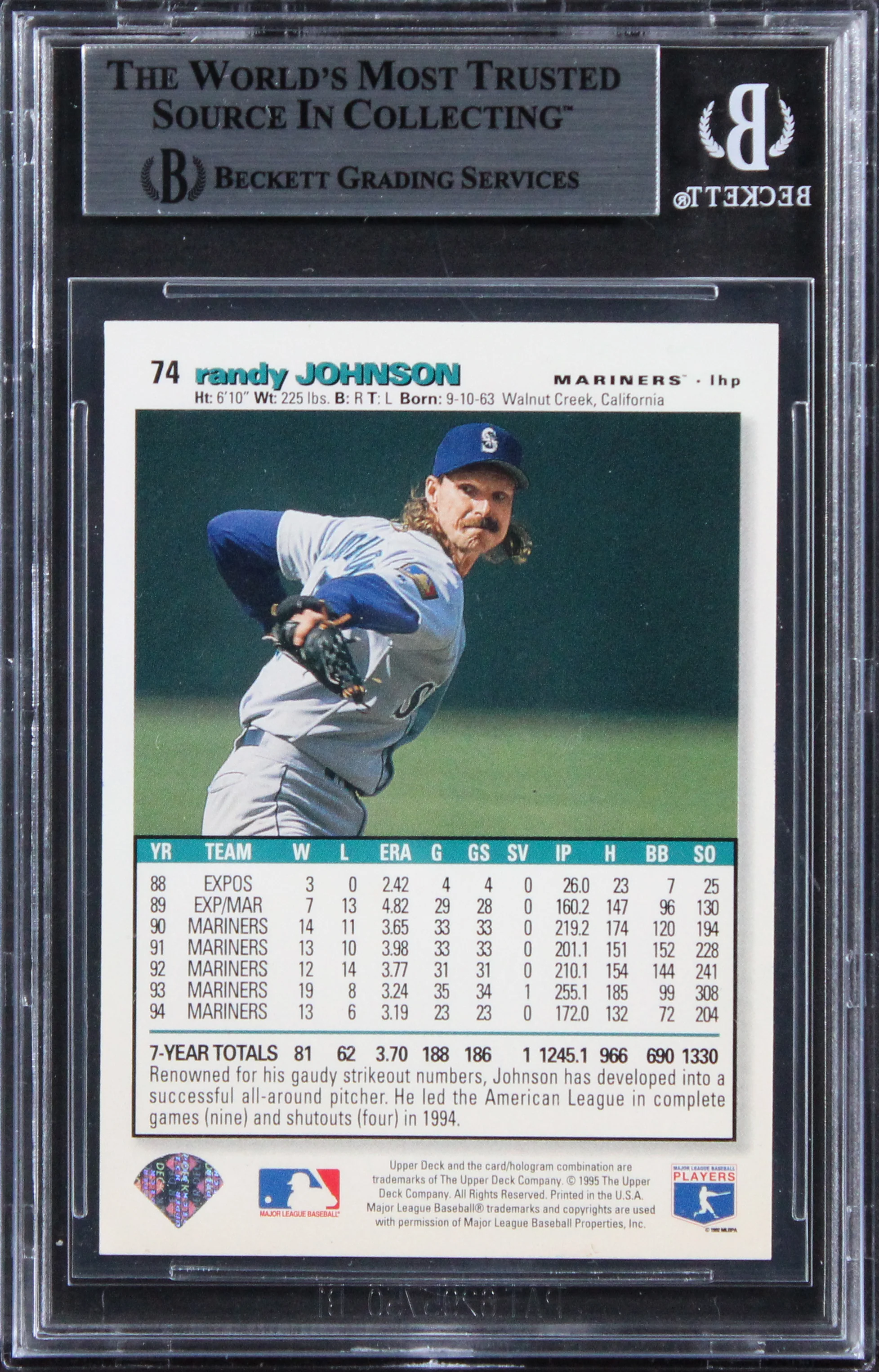 Mariners Randy Johnson Signed 1995 Collector's Choice #74 Card BAS Slabbed - Image 3