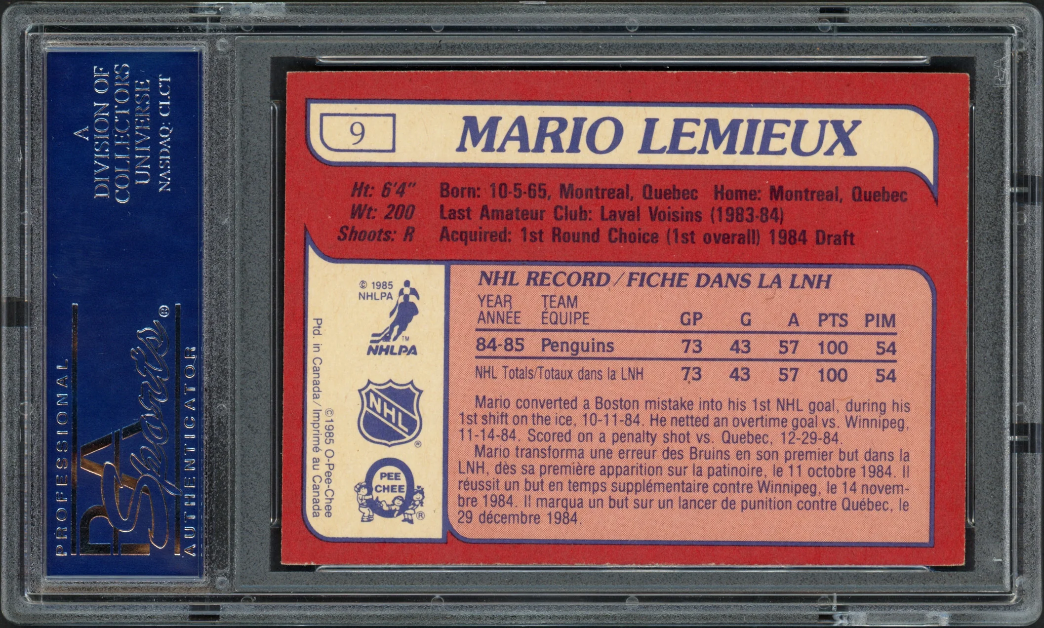 Mario Lemieux Autographed 1985 O-Pee-Chee Rookie Card #9 Pittsburgh Penguins PSA/DNA #16865698 - Image 2