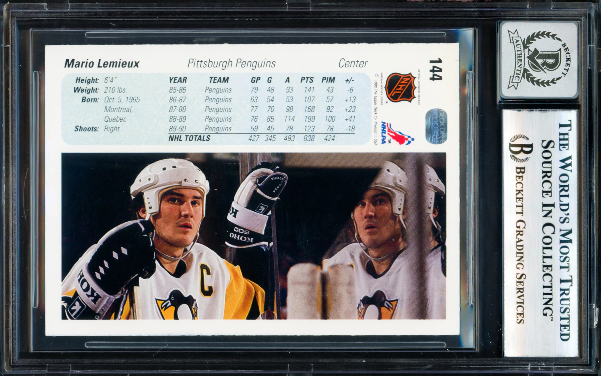 Mario Lemieux Autographed 1990-91 Upper Deck Card #144 Pittsburgh Penguins Auto Grade Gem Mint 10 Beckett BAS #18278745 - Image 2