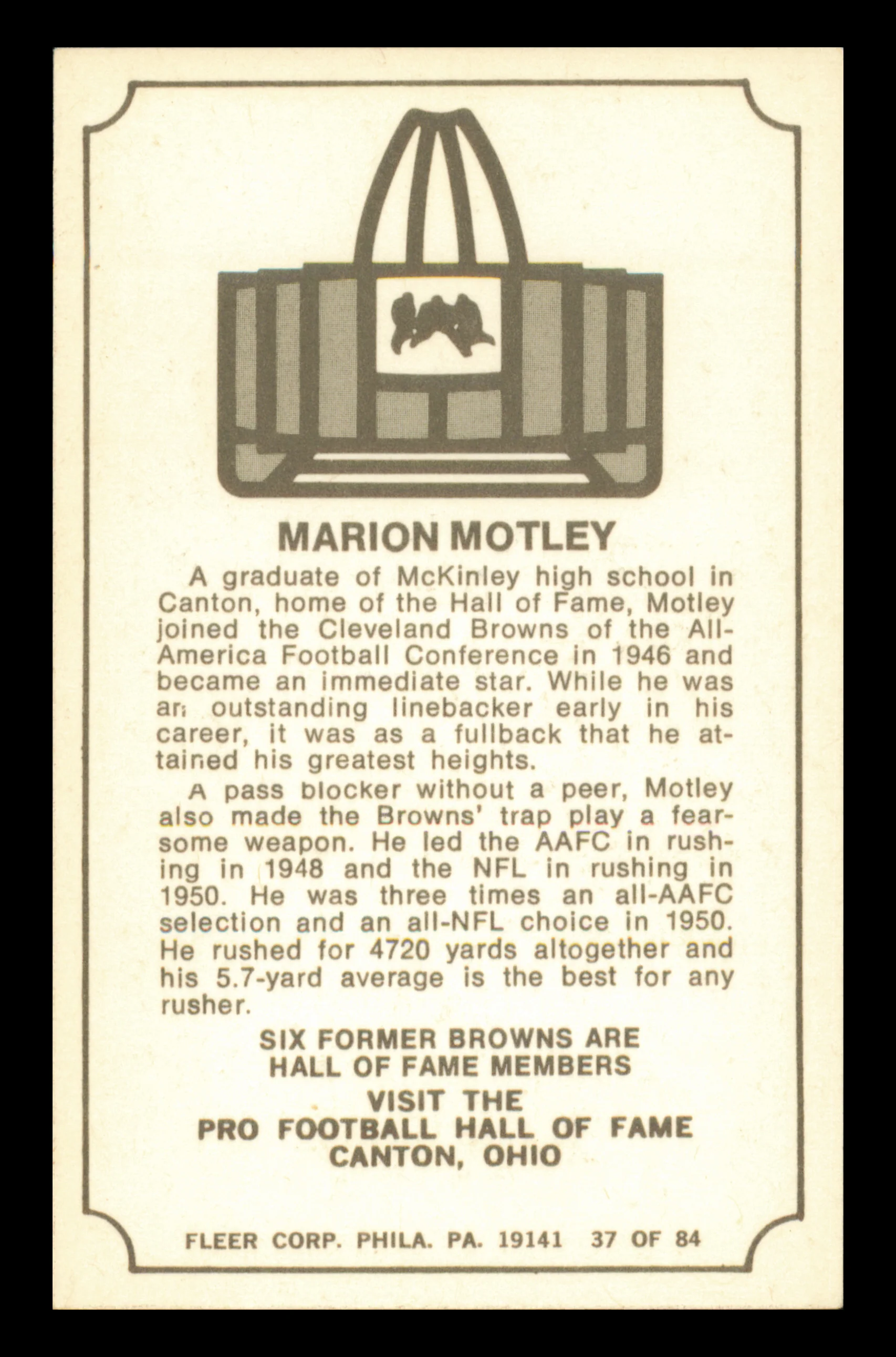 Marion Motley Autographed 1975 Fleer Card #37 Cleveland Browns SKU #240922 - Image 2