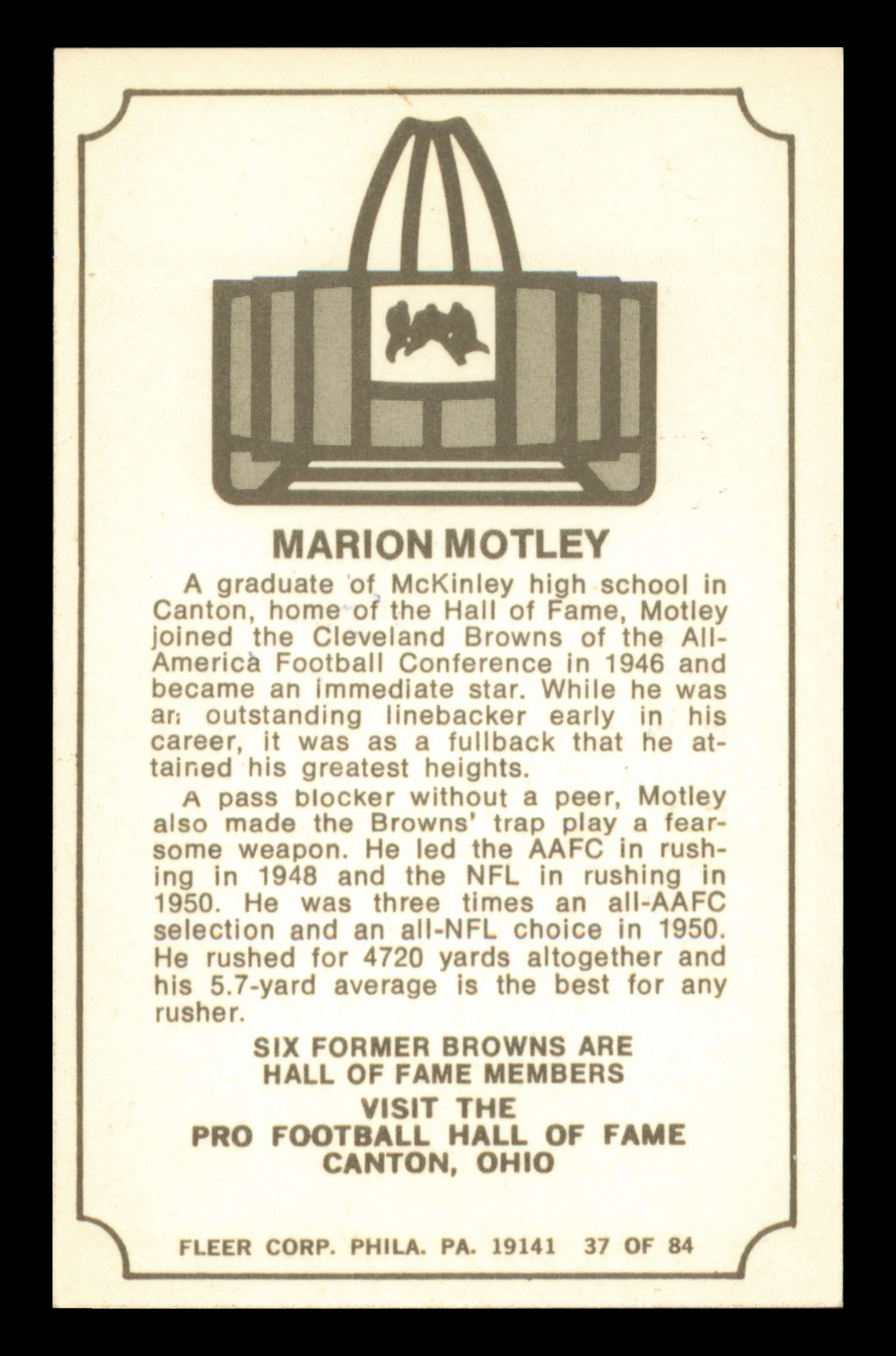 Marion Motley Autographed 1975 Fleer Card #37 Cleveland Browns SKU #240923 - Image 2