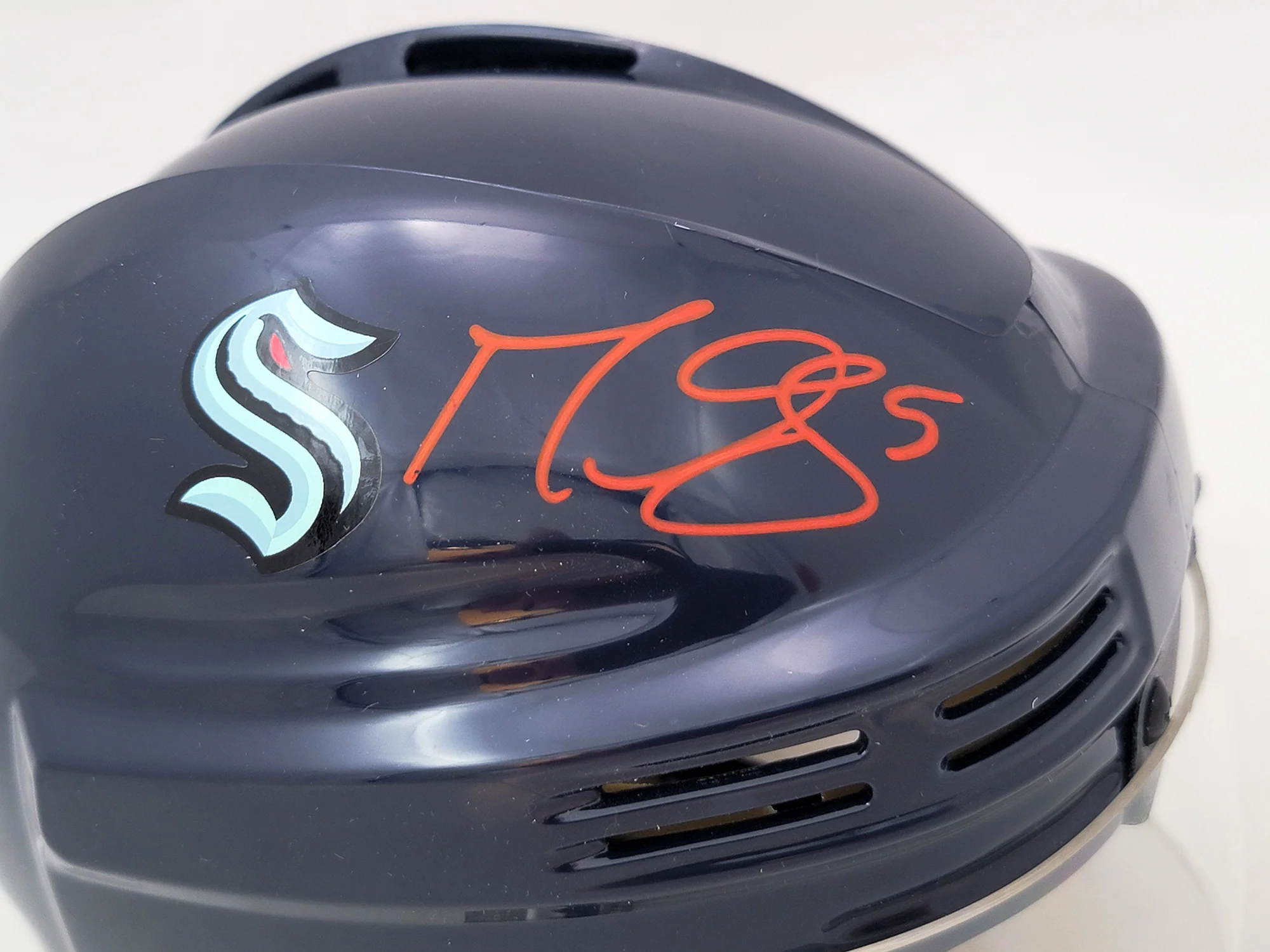Mark Giordano Autographed Seattle Kraken Blue Mini Helmet Fanatics Holo Stock #210527 - Image 2