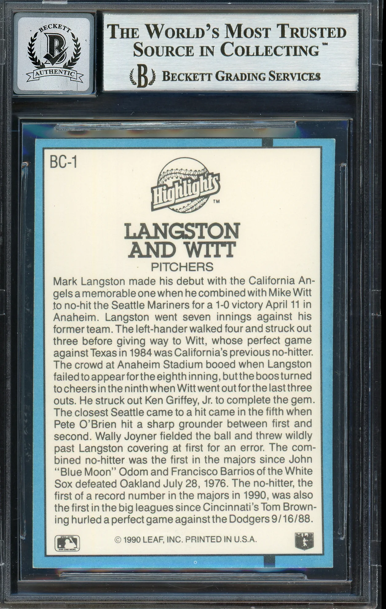 Mark Langston & Mike Witt Autographed 1991 Donruss Card #BC-1 California Angels Auto Grade Gem Mint 10 Beckett BAS #12744983 - Image 2