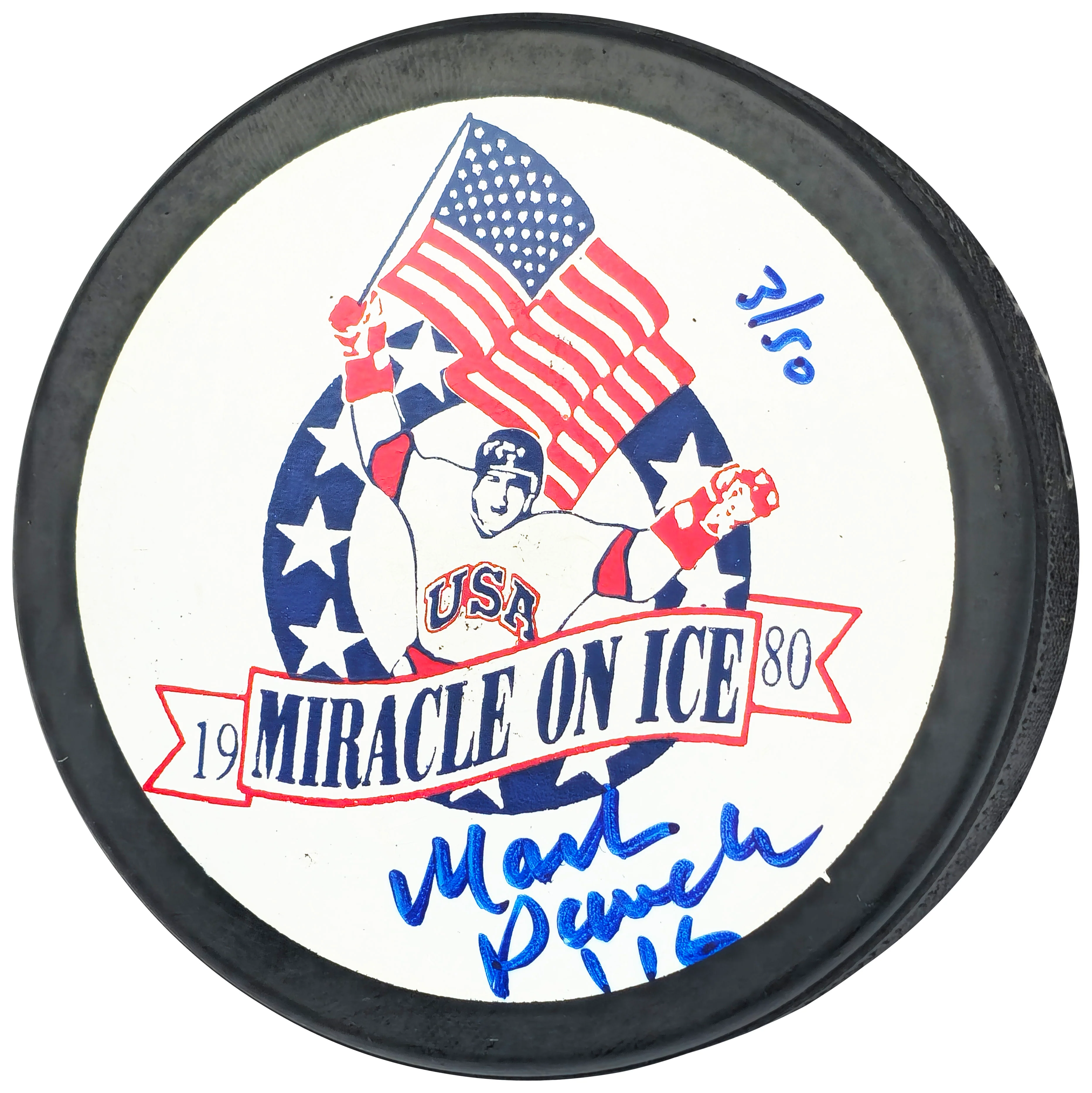 Mark Pavelich Autographed 1980 Miracle on Ice Logo Hockey Puck Team USA #3/50 Beckett BAS QR #BN93405