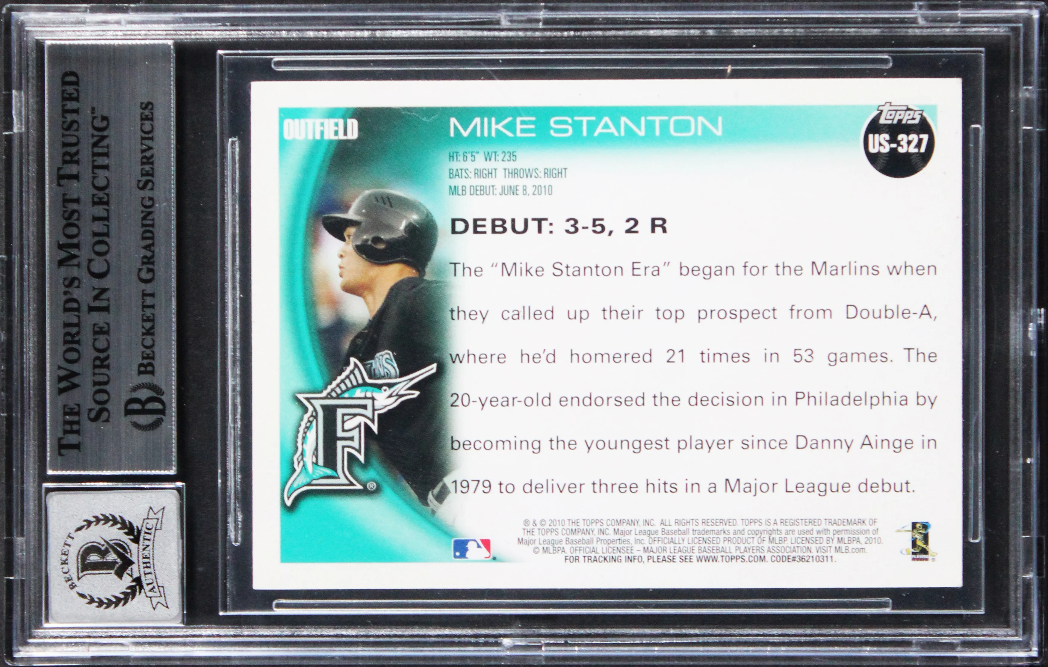Marlins Mike Stanton Signed 2010 Topps Update #US327 RC Card Auto 10 BAS Slabbed - Image 3