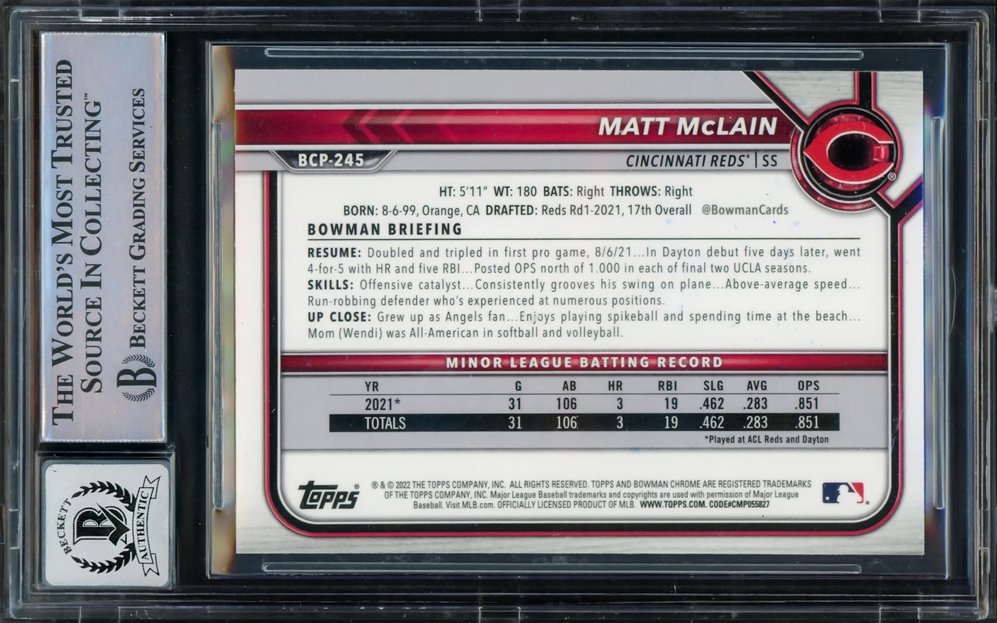 Matt McLain Autographed 2022 1st Bowman Chrome Rookie Card #BCP245 Cincinnati Reds Auto Grade Gem Mint 10 Beckett BAS Stock #220735 - Image 2