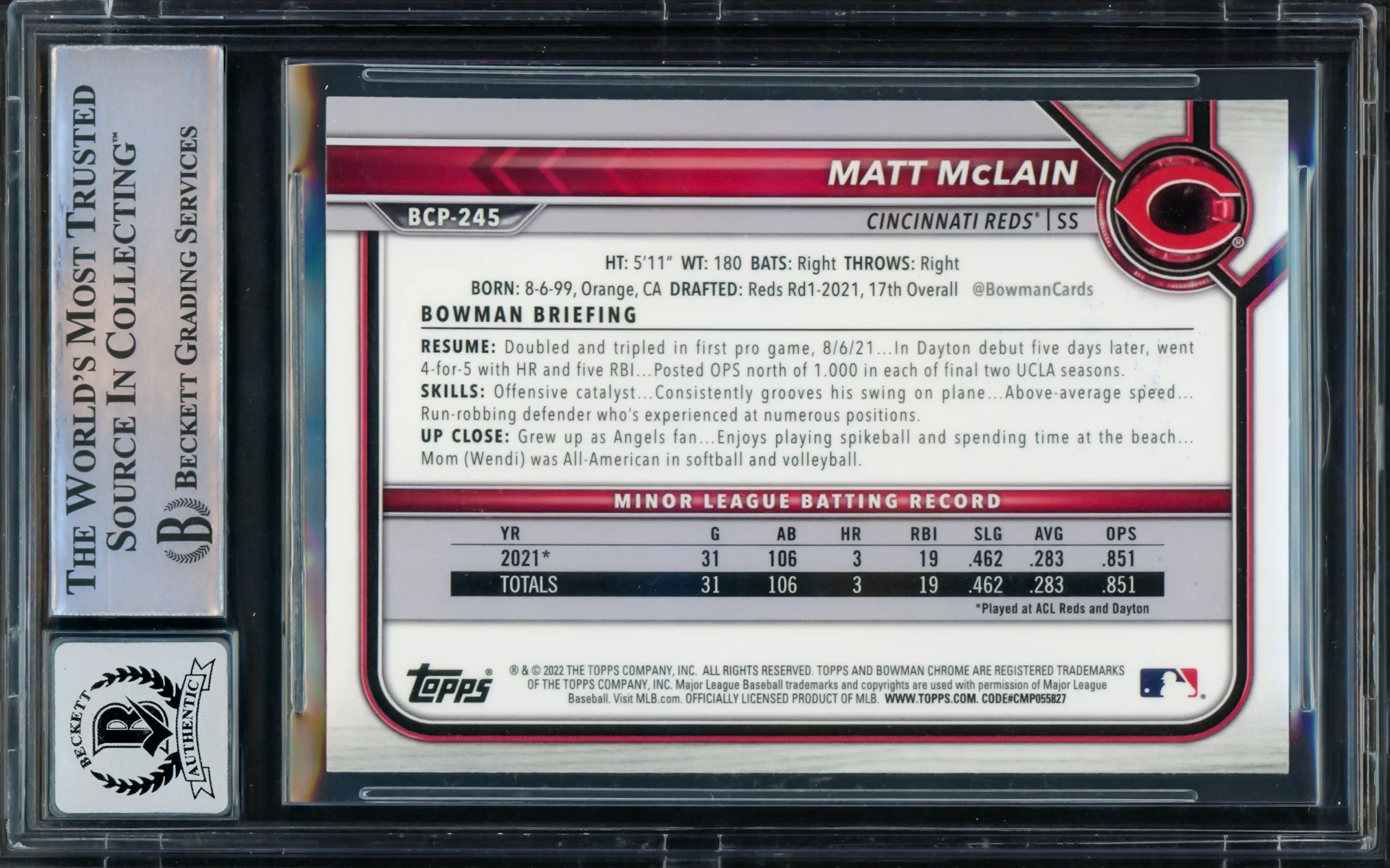 Matt McLain Autographed 2022 1st Bowman Chrome Rookie Card #BCP245 Cincinnati Reds Auto Grade Gem Mint 10 "MLB Debut 5/15/23" Beckett BAS Stock #220734 - Image 2