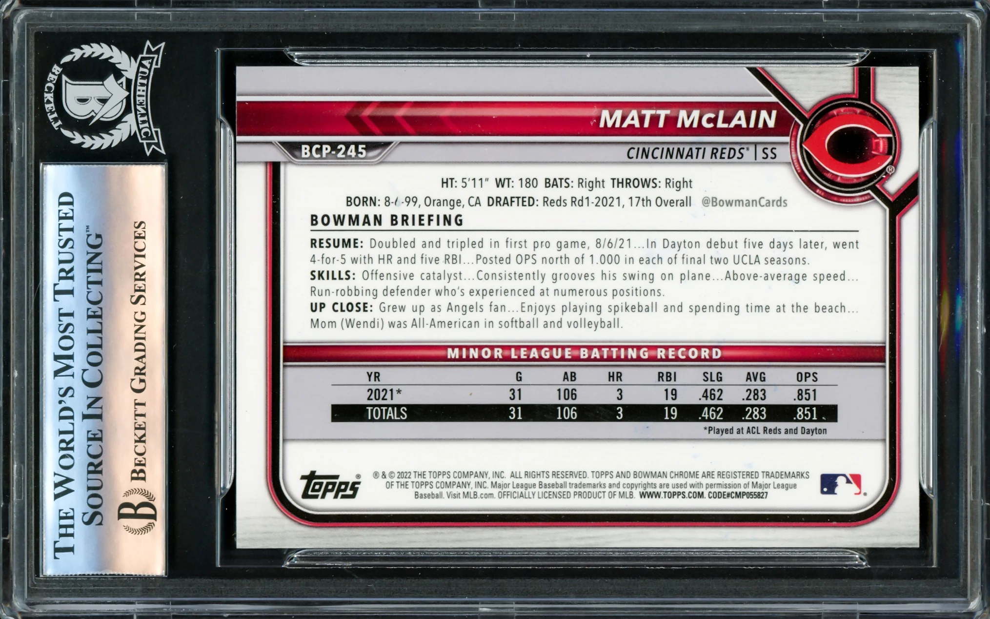 Matt McLain Autographed 2022 1st Bowman Chrome Rookie Card #BCP245 Cincinnati Reds Beckett BAS Stock #221197 - Image 2