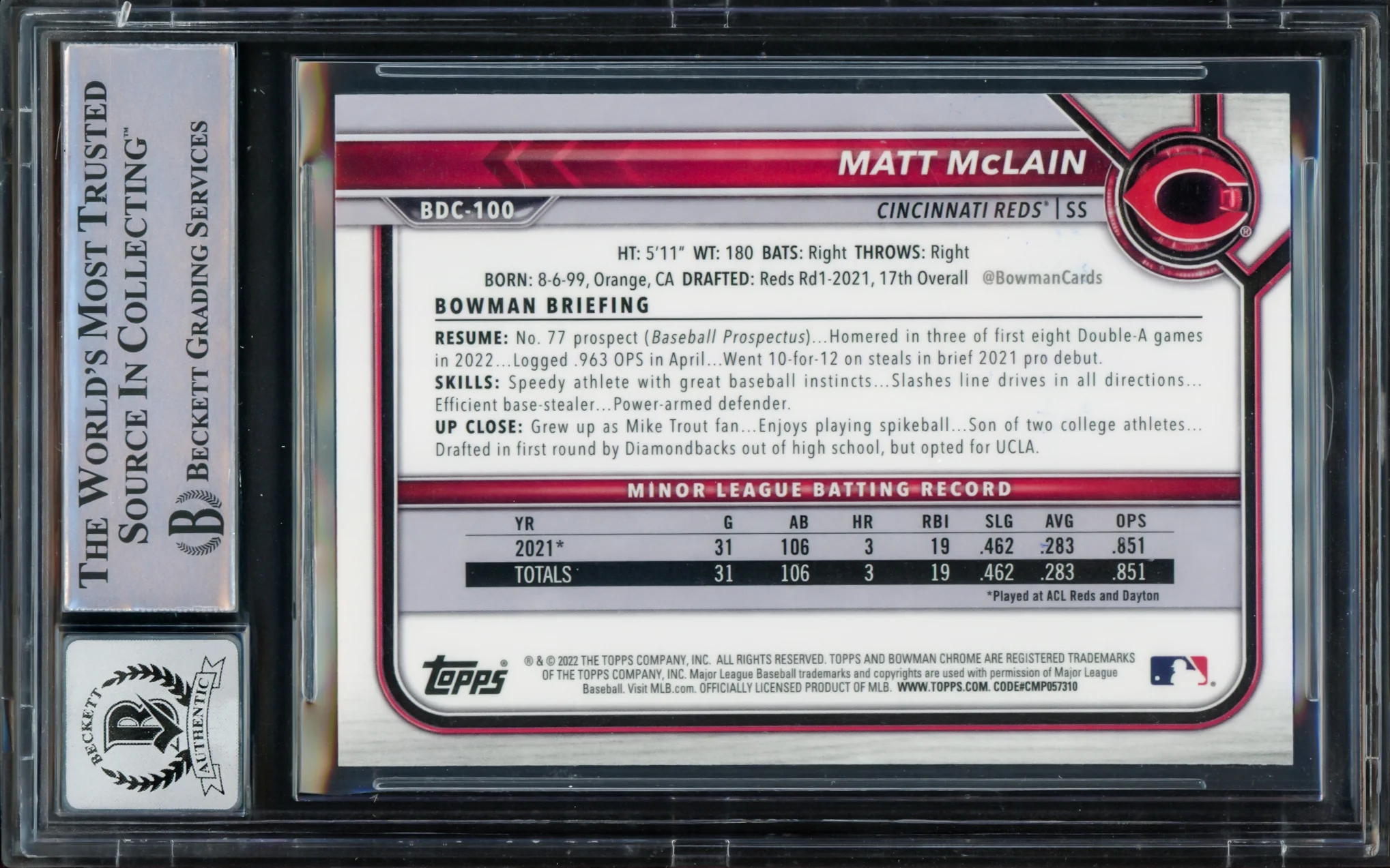 Matt McLain Autographed 2022 Bowman Chrome Draft Rookie Card #BDC100 Cincinnati Reds Auto Grade Gem Mint 10 Beckett BAS Stock #220733 - Image 2