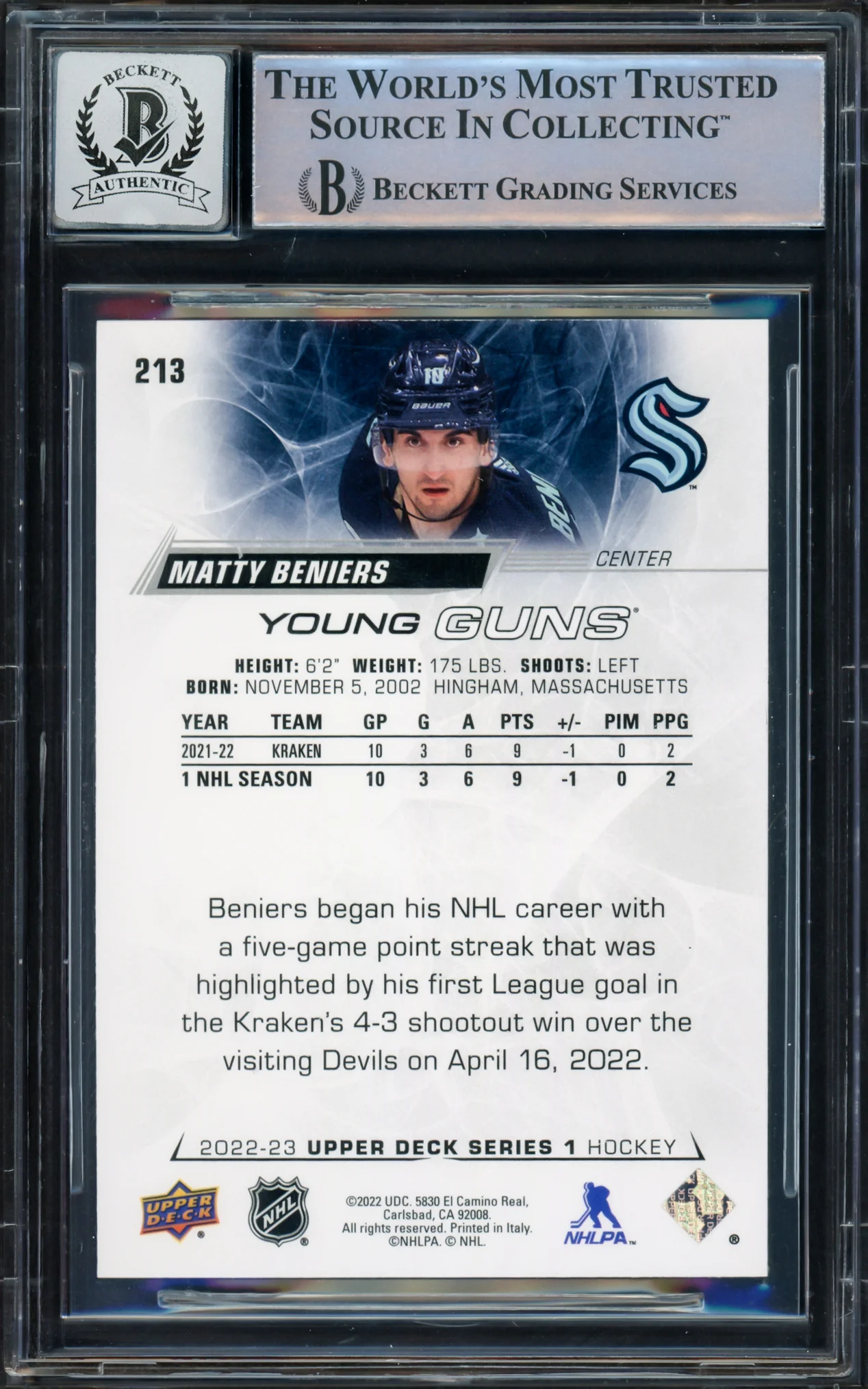Matty Beniers Autographed 2022-23 Upper Deck Young Guns Rookie Card #213 Seattle Kraken Auto Grade Gem Mint 10 Beckett BAS Stock #228971 - Image 2