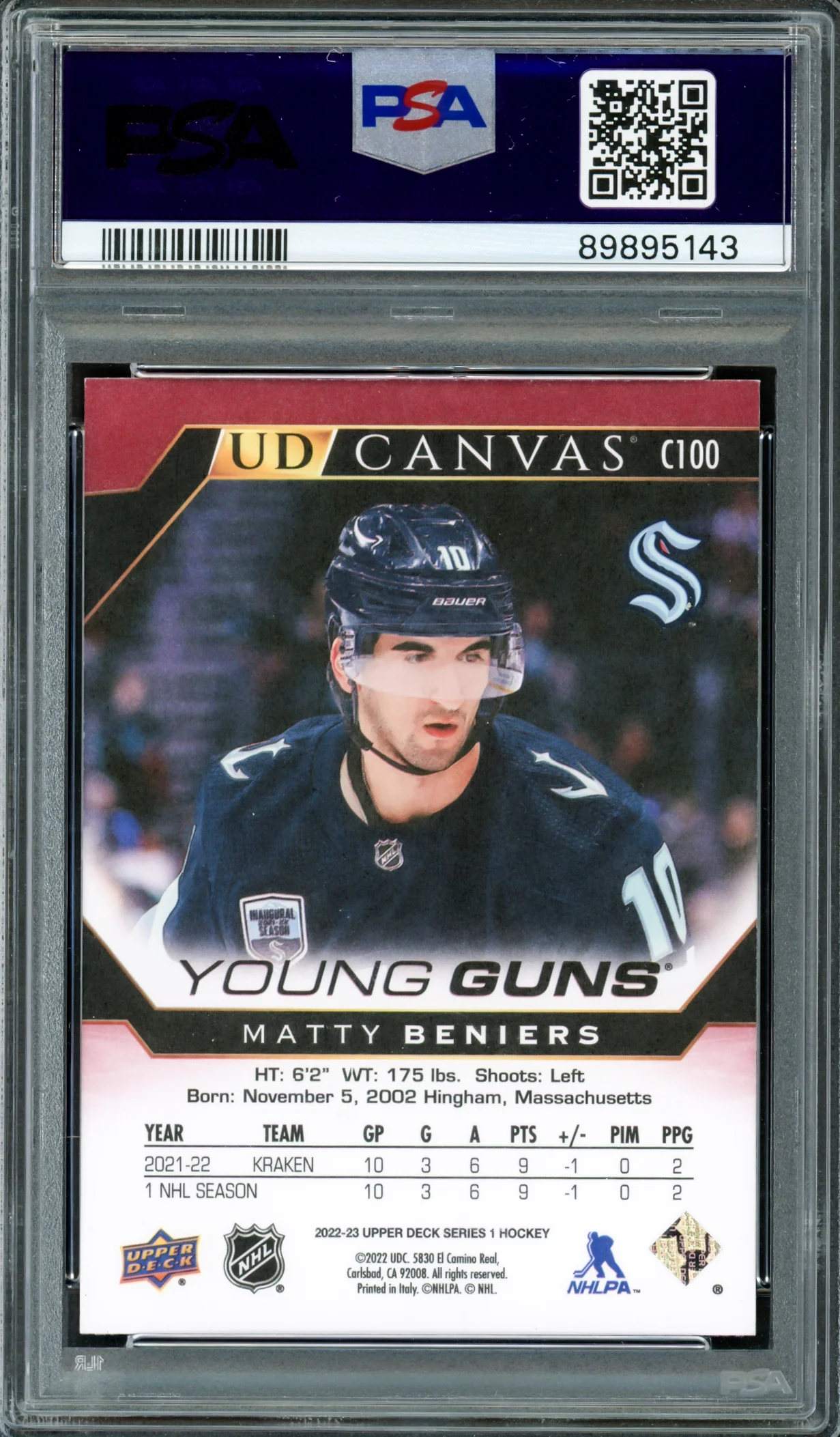 Matty Beniers Autographed 2022 Upper Deck Young Guns Canvas Rookie Card #C100 Seattle Kraken PSA 10 Auto Grade Gem Mint 10 PSA/DNA #89895143 - Image 2